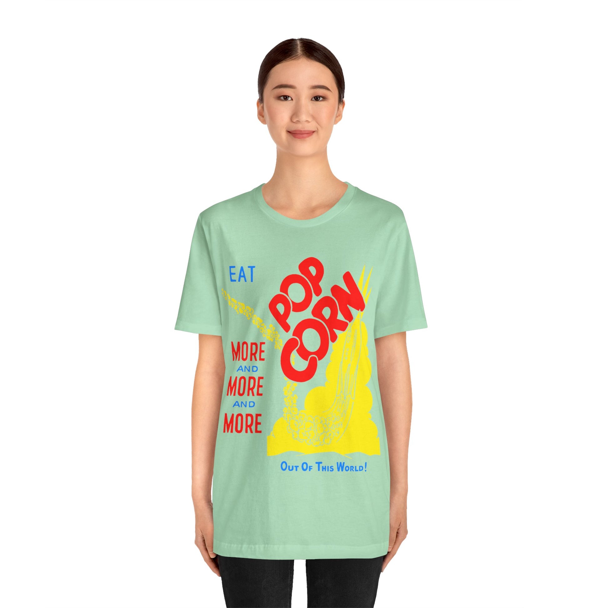 1950s coloured popcorn box logo "eat popcorn more and more and more out of this world!" on a new unisex softstyle tshirt whatmart