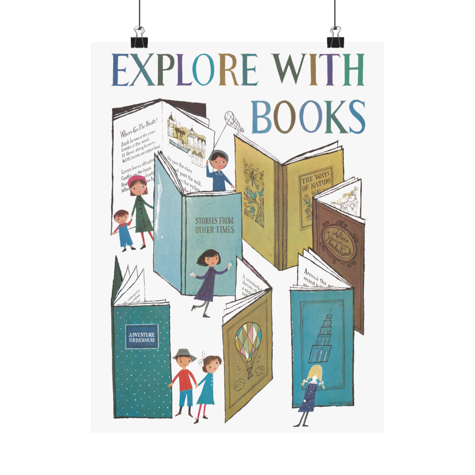 1957 book week poster by a&m provensen "explore with books" reproduction matte vertical poster whatmart