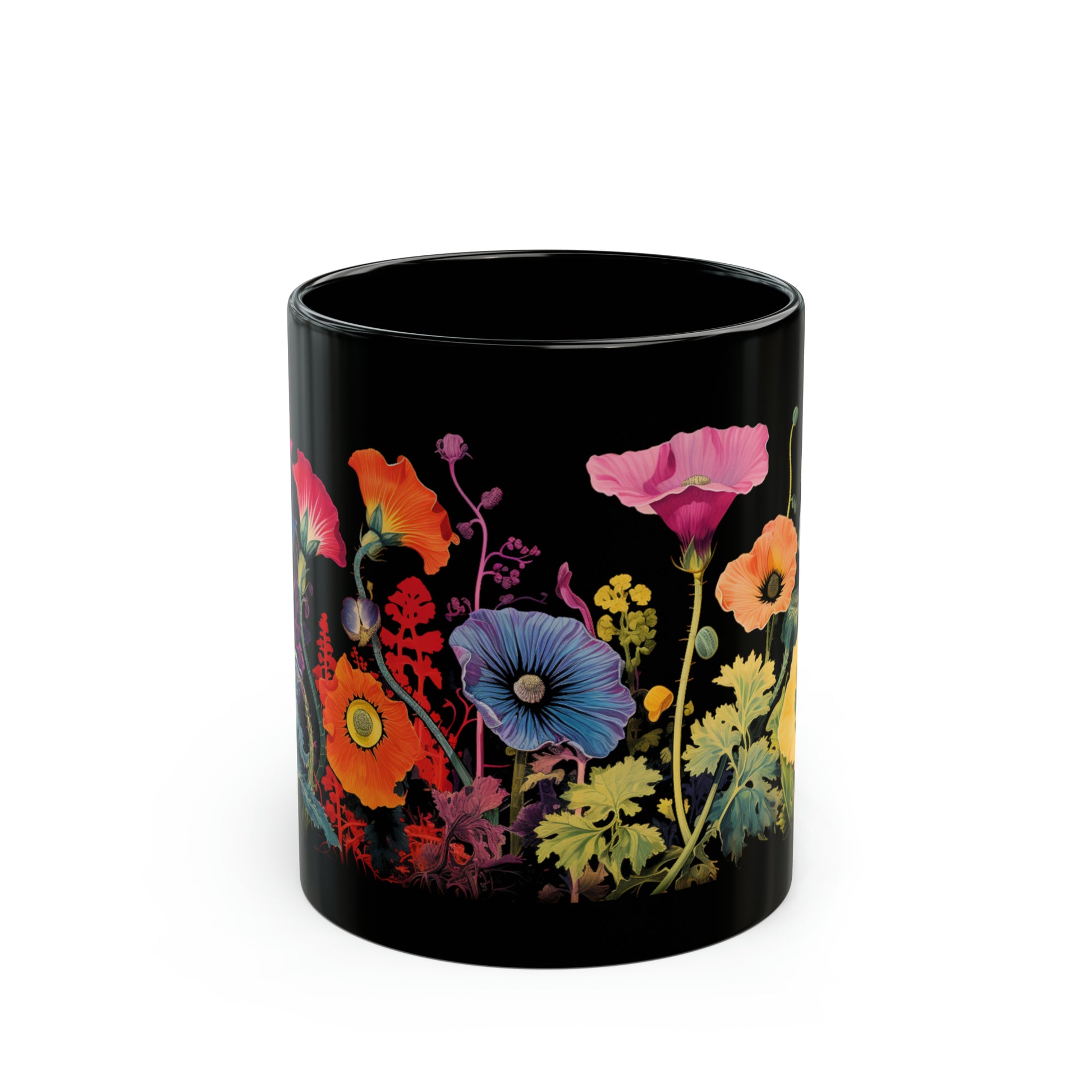 1960s psychedelic style floral featuring black henbane, jimsonweed, foxglove, and papaver somniferum mug whatmart