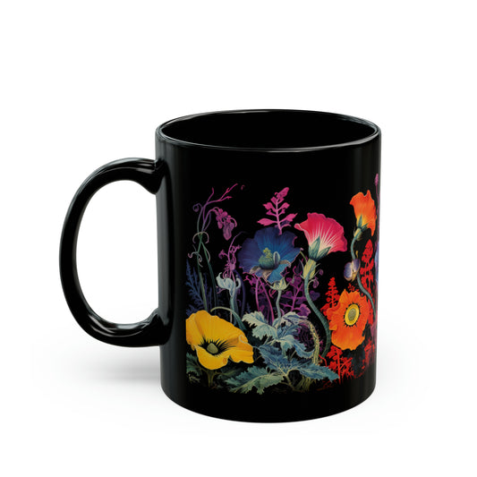 1960s psychedelic style floral featuring black henbane, jimsonweed, foxglove, and papaver somniferum mug whatmart