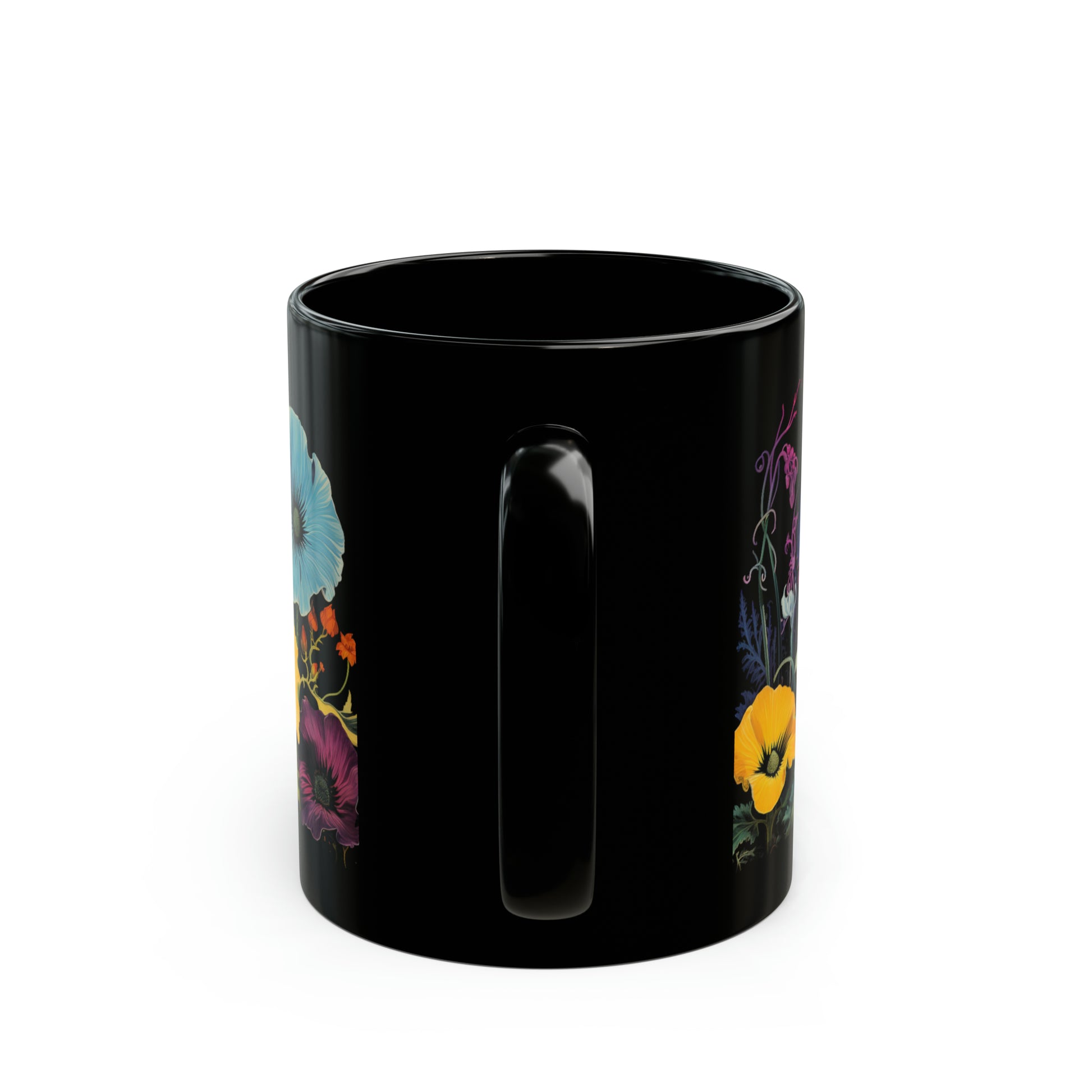 1960s psychedelic style floral featuring black henbane, jimsonweed, foxglove, and papaver somniferum mug whatmart