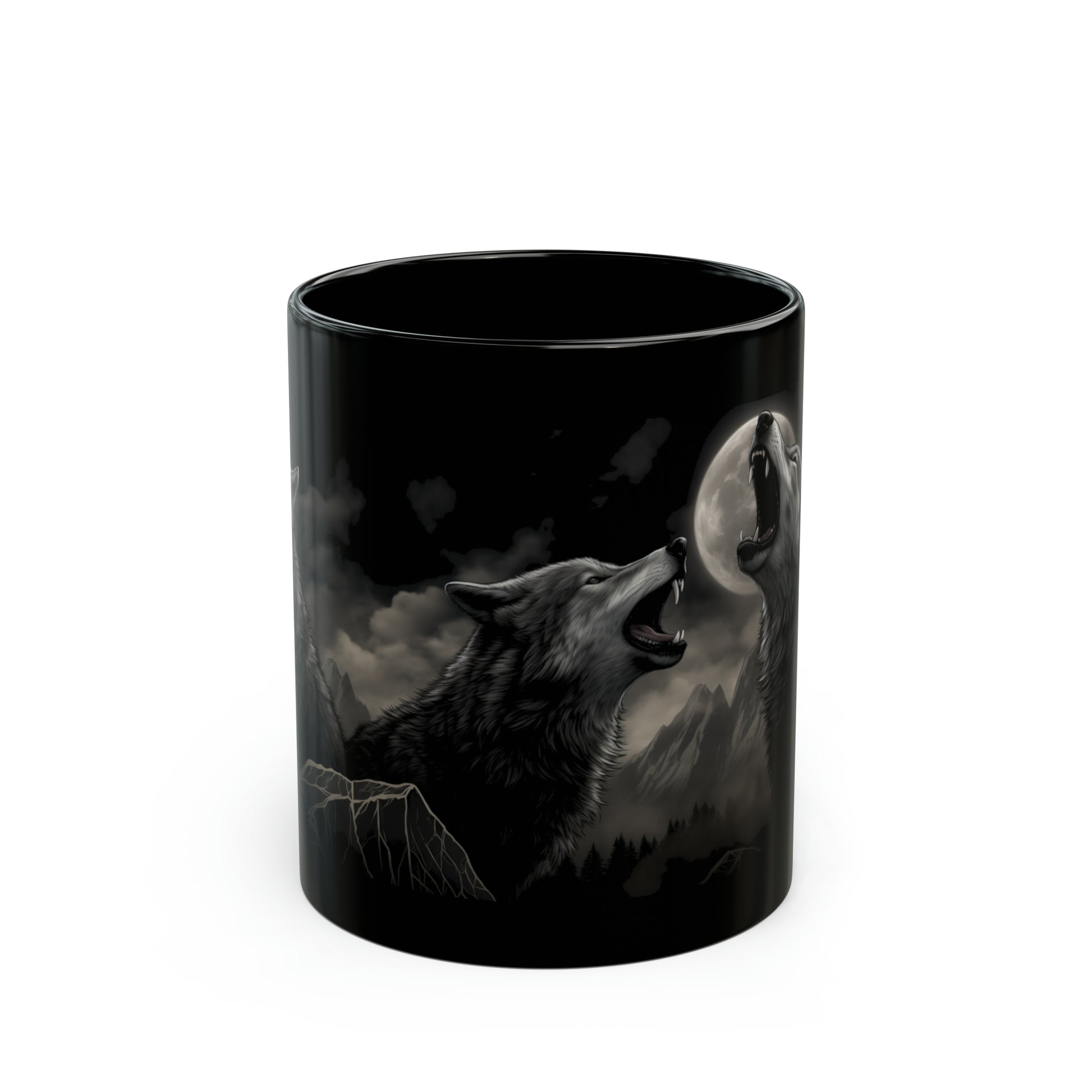 1970's style illustration of wolves of the pacific northwest howling at the moon mug whatmart