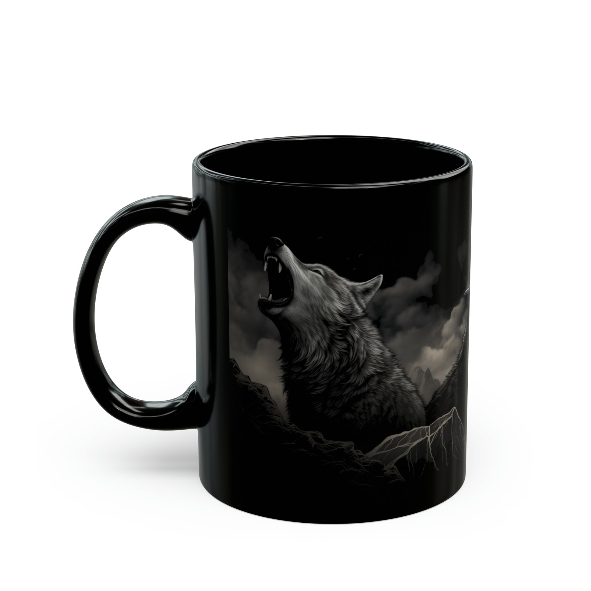 1970's style illustration of wolves of the pacific northwest howling at the moon mug whatmart