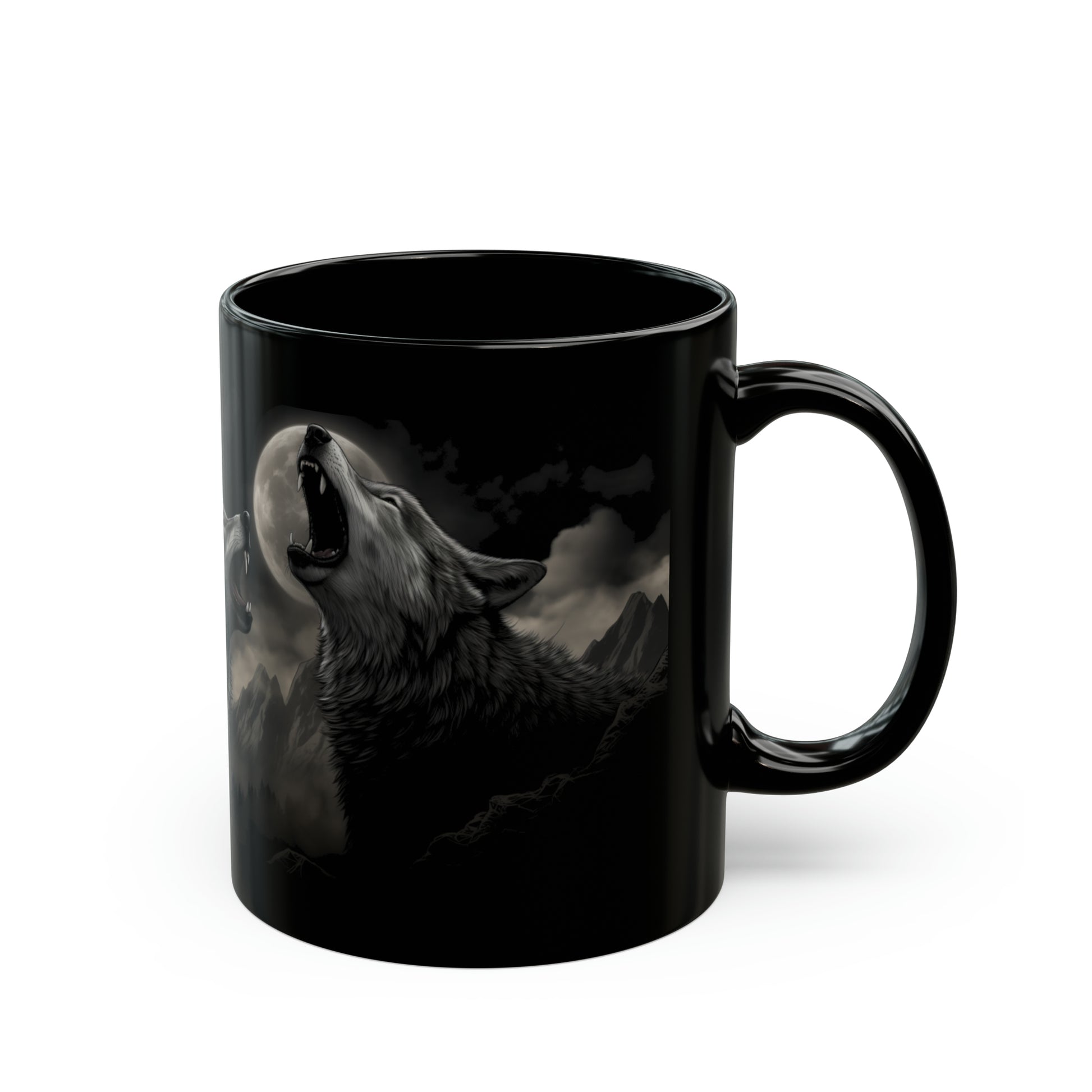 1970's style illustration of wolves of the pacific northwest howling at the moon mug whatmart