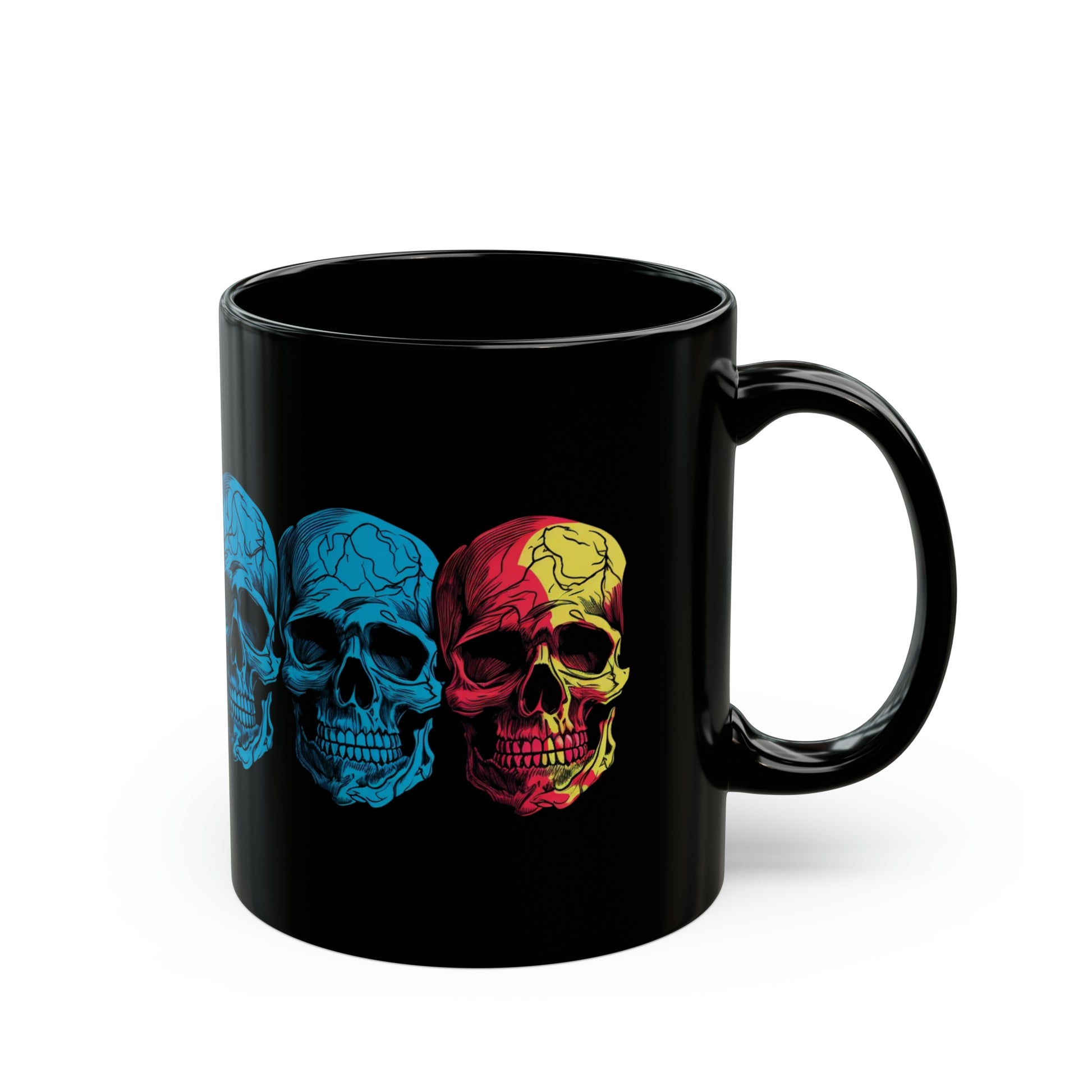 1970's style retro art of colourful skulls on a black coffee mug whatmart