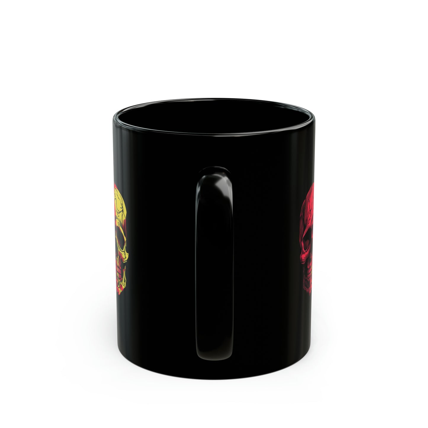 1970's style retro art of colourful skulls on a black coffee mug whatmart