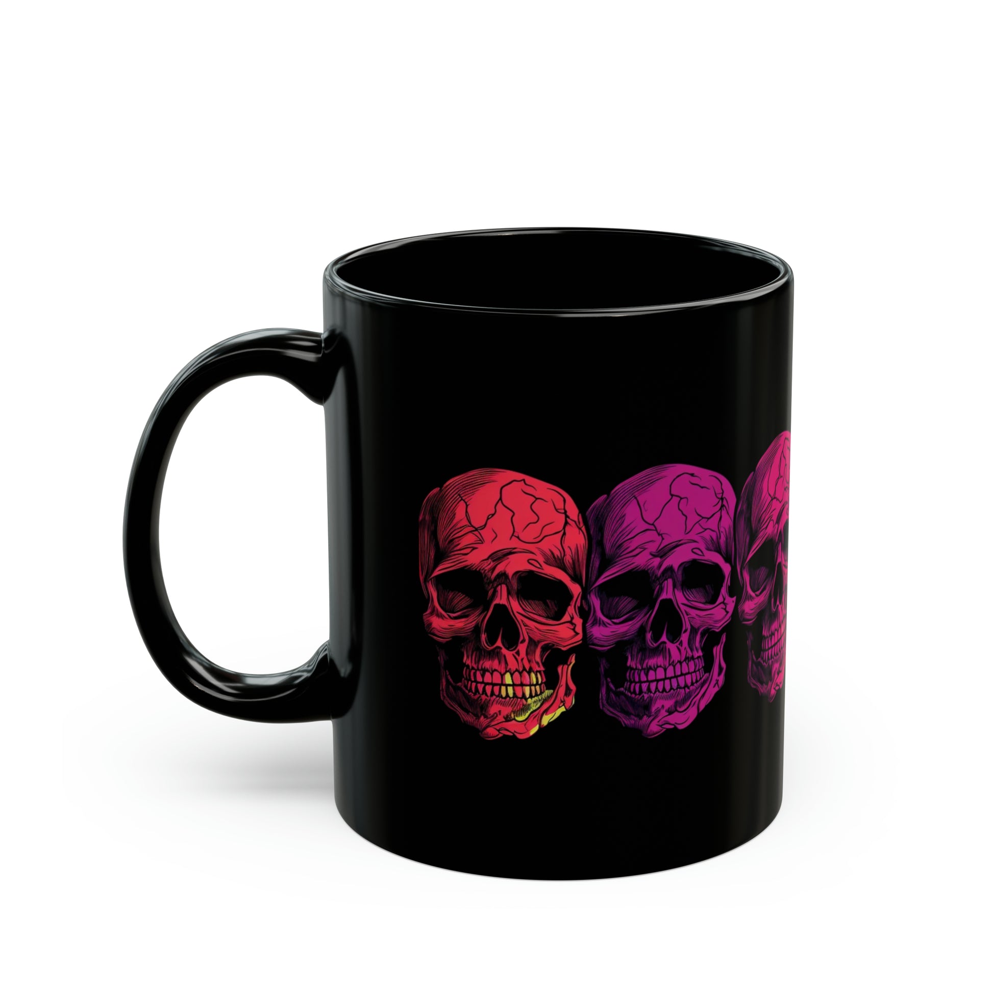 1970's style retro art of colourful skulls on a black coffee mug whatmart