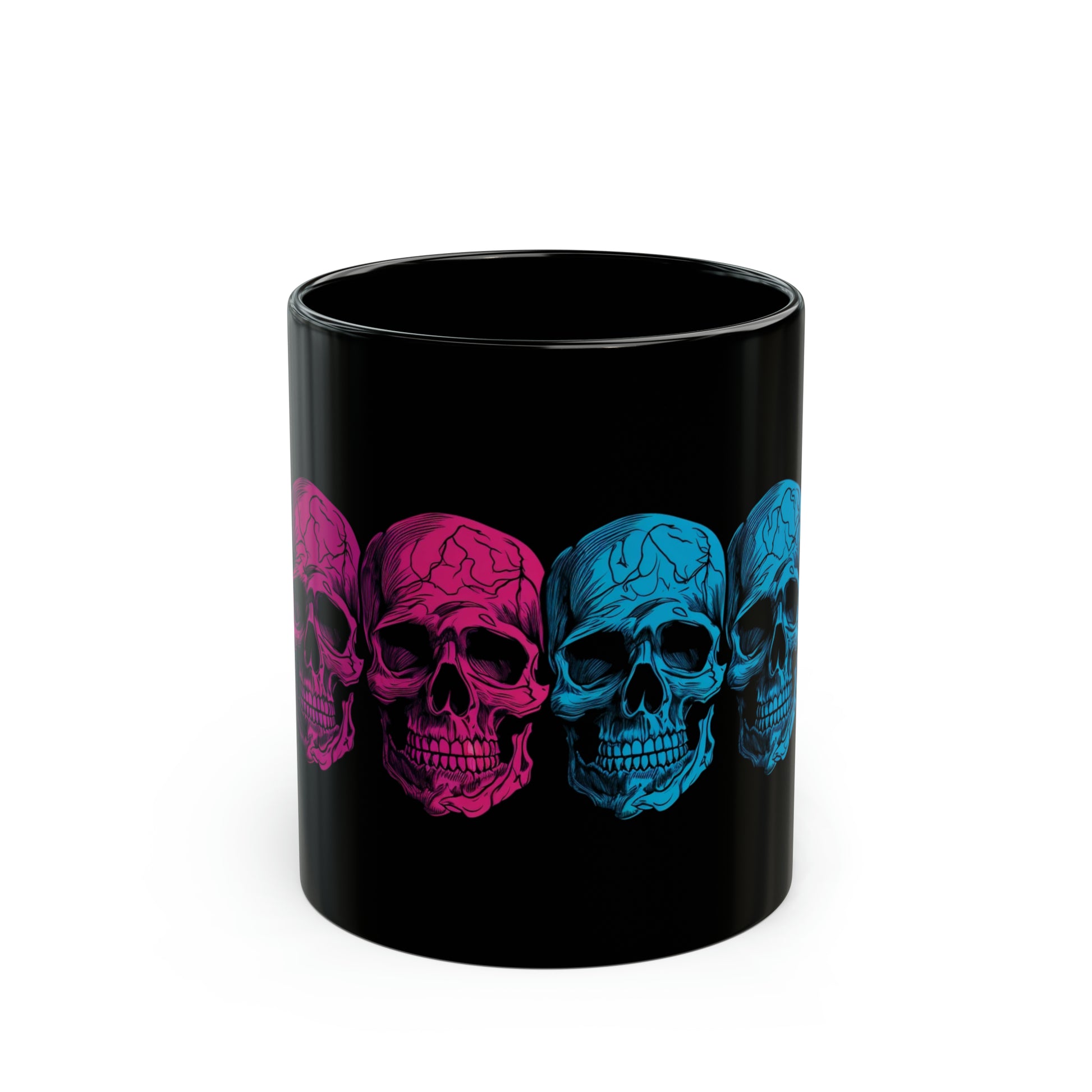 1970's style retro art of colourful skulls on a black coffee mug whatmart