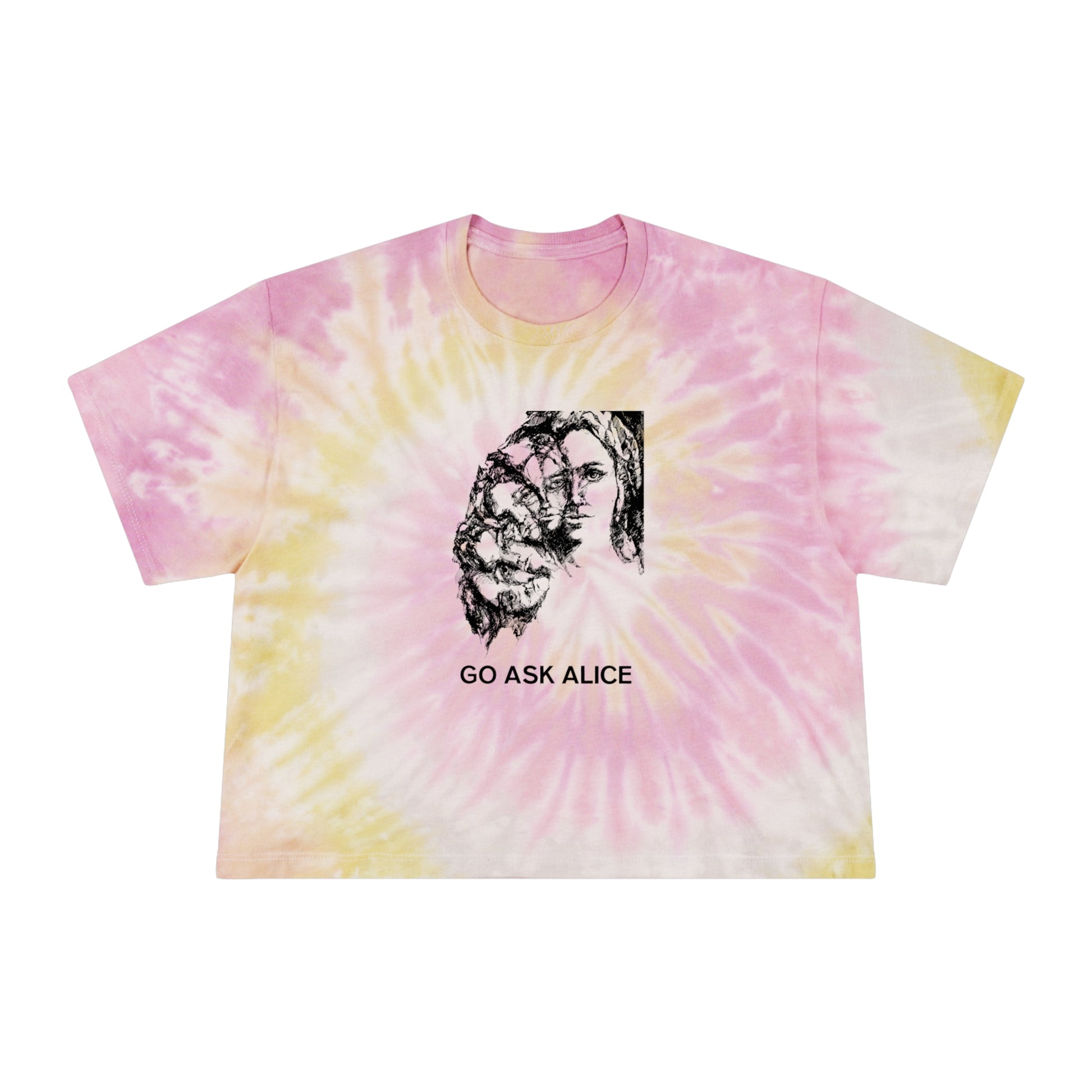 1971 book cover for "go ask alice" by anonymous or beatrice sparks on a women's tie-dye crop tee whatmart