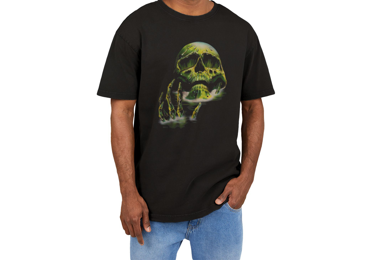 melting green skull vintage design acid washed oversize tshirt