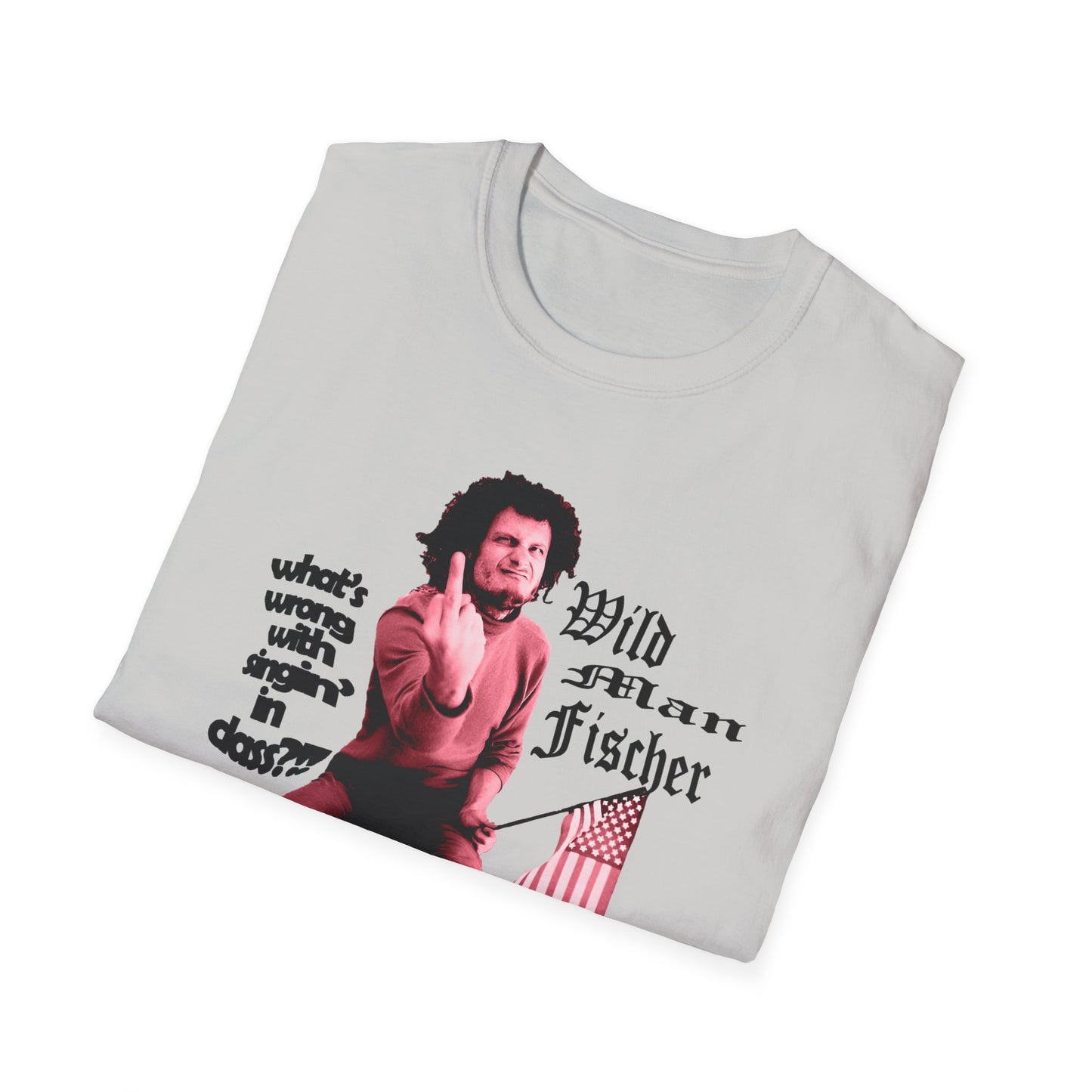 wild man fischer middle finger in red tshirt