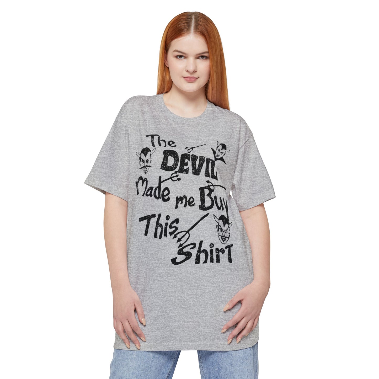 oversized vintage the devil made me buy this shirt custom drawn reproduction unisex tall beefy tshirt