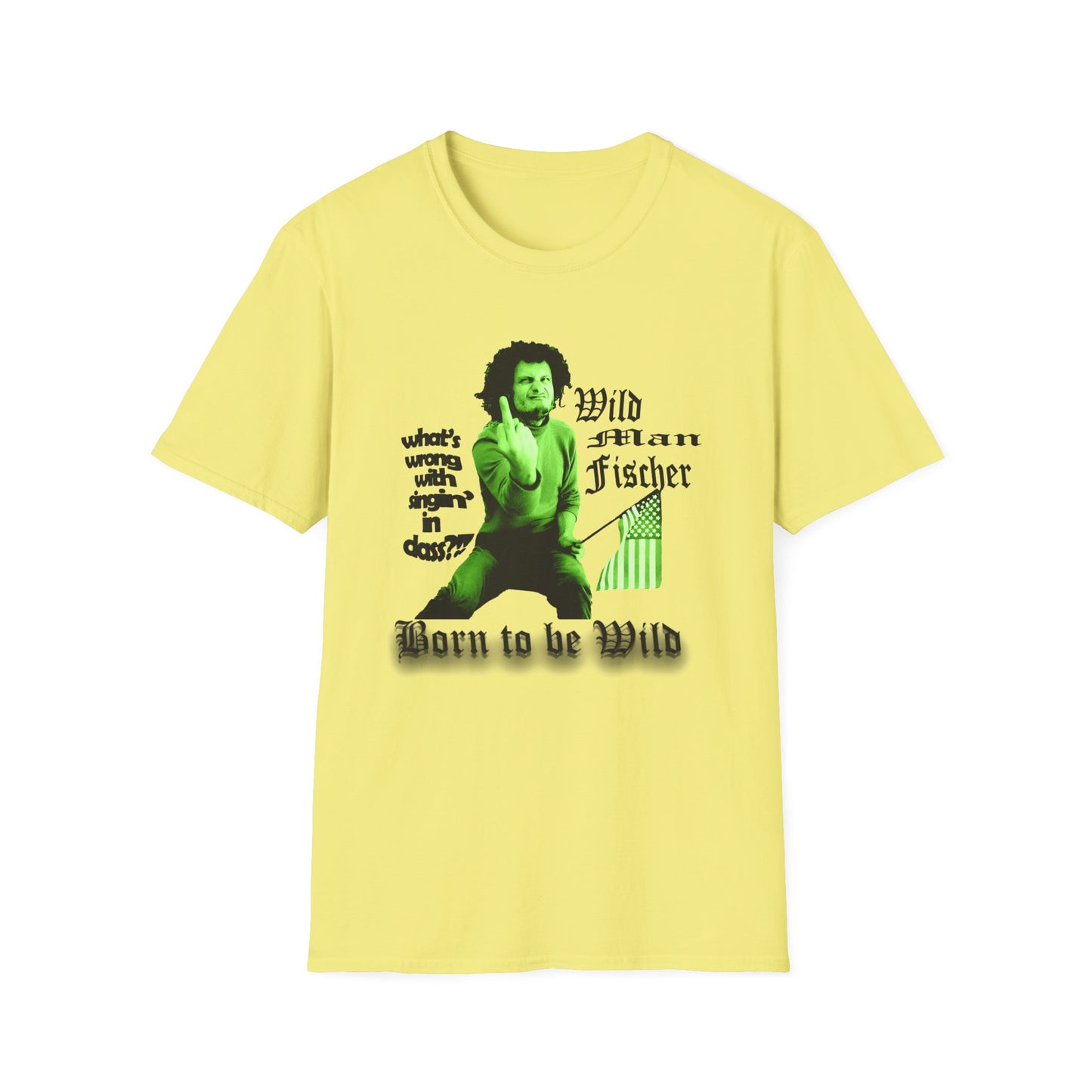 wild man fischer middle finger in green tshirt