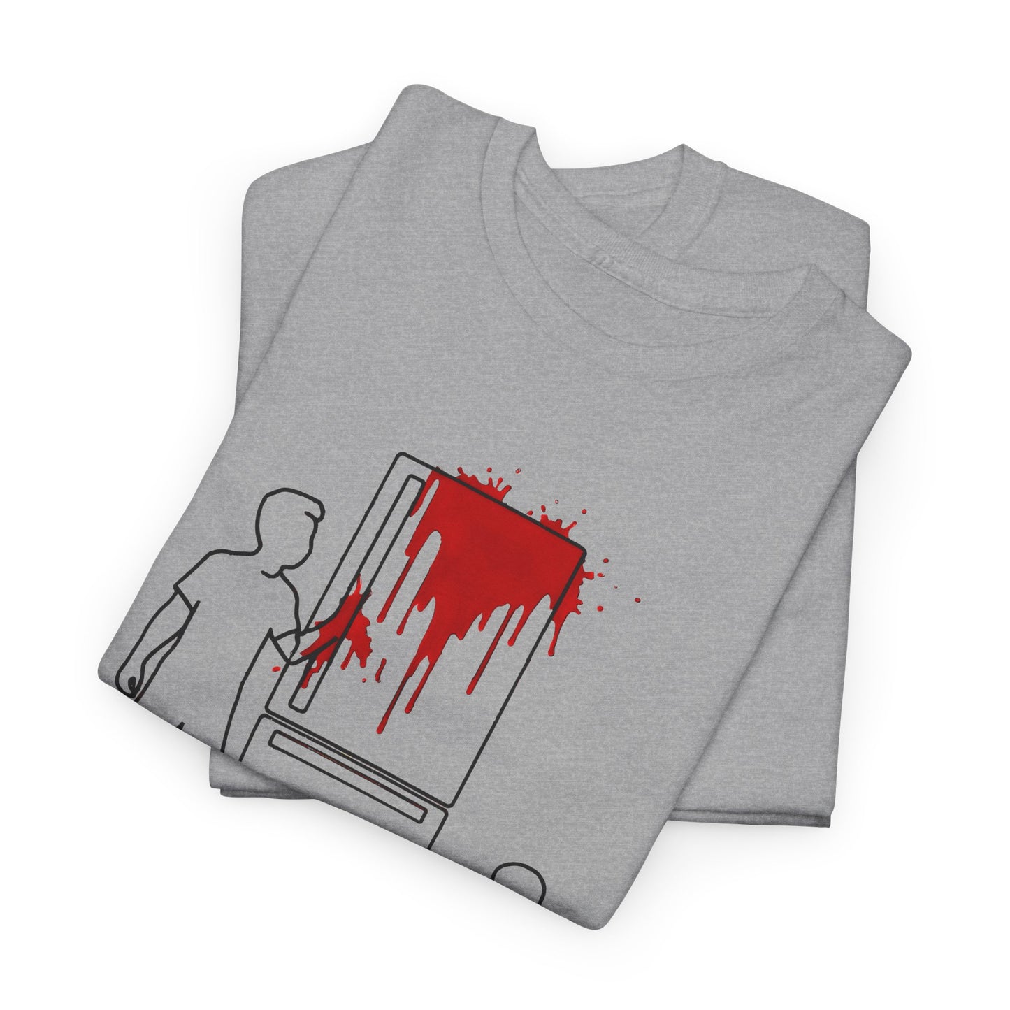 weird kitchen scene with ketchup on a fridge tshirt