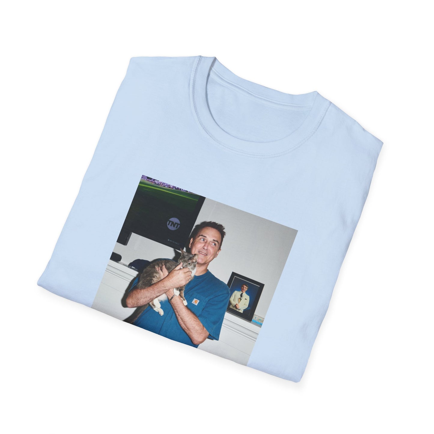 norm macdonald and his cat in front of a framed picture of steve martin close up tshirt