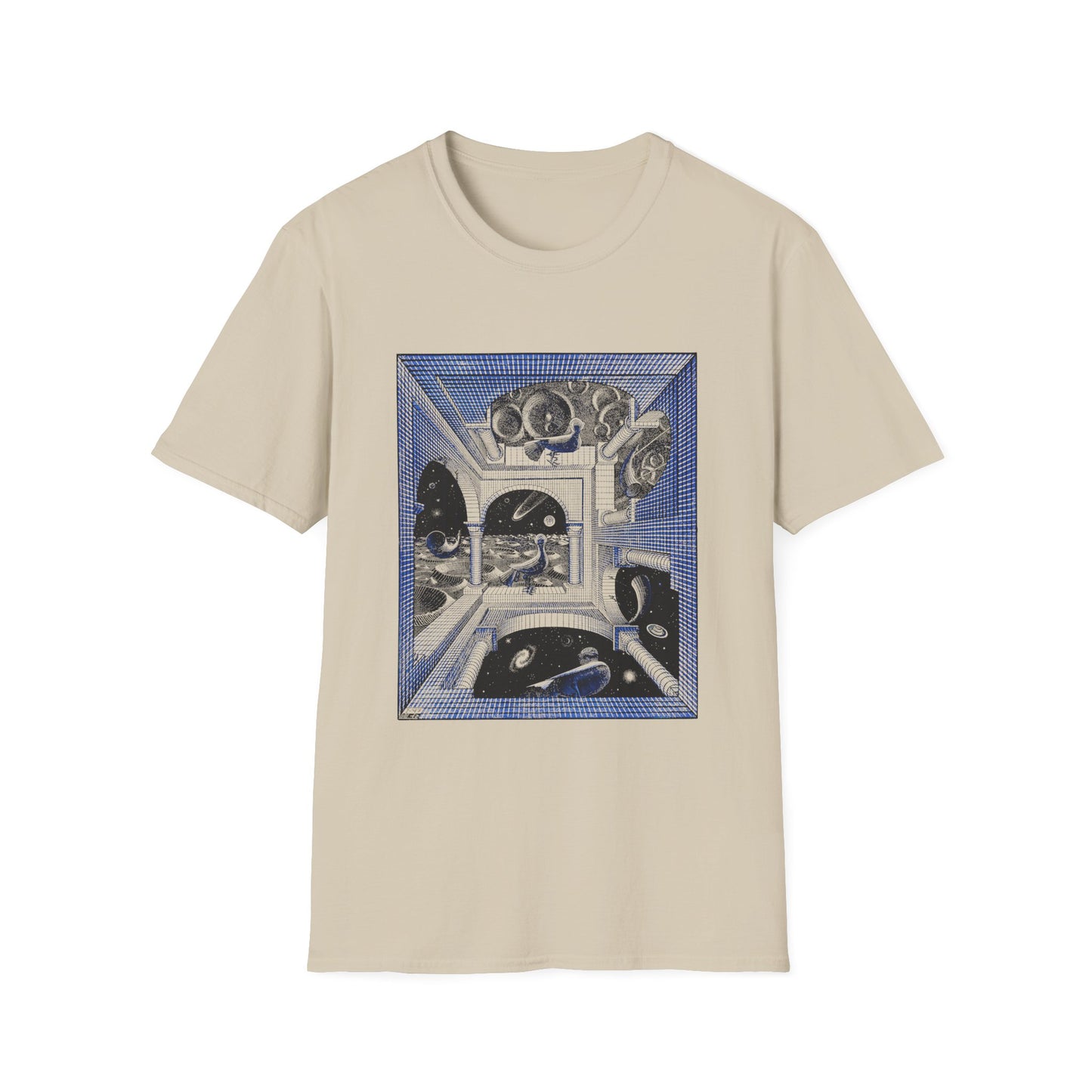 1947 m.c escher another world in blue tshirt