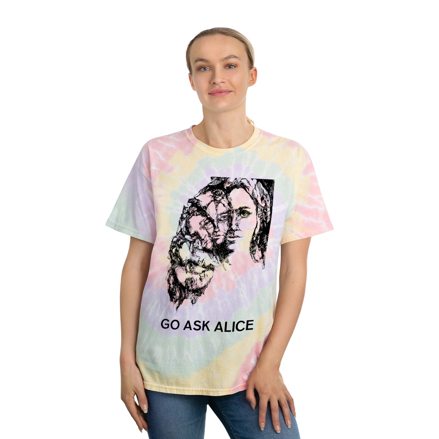 1971 book cover for "go ask alice" by anonymous or beatrice sparks on a unisex tie dye tshirt