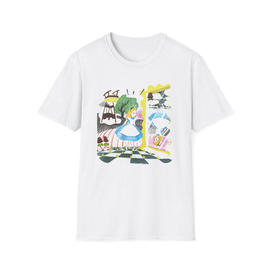 alice in wonderland alice through the looking glass upsidedown illustration tshirt