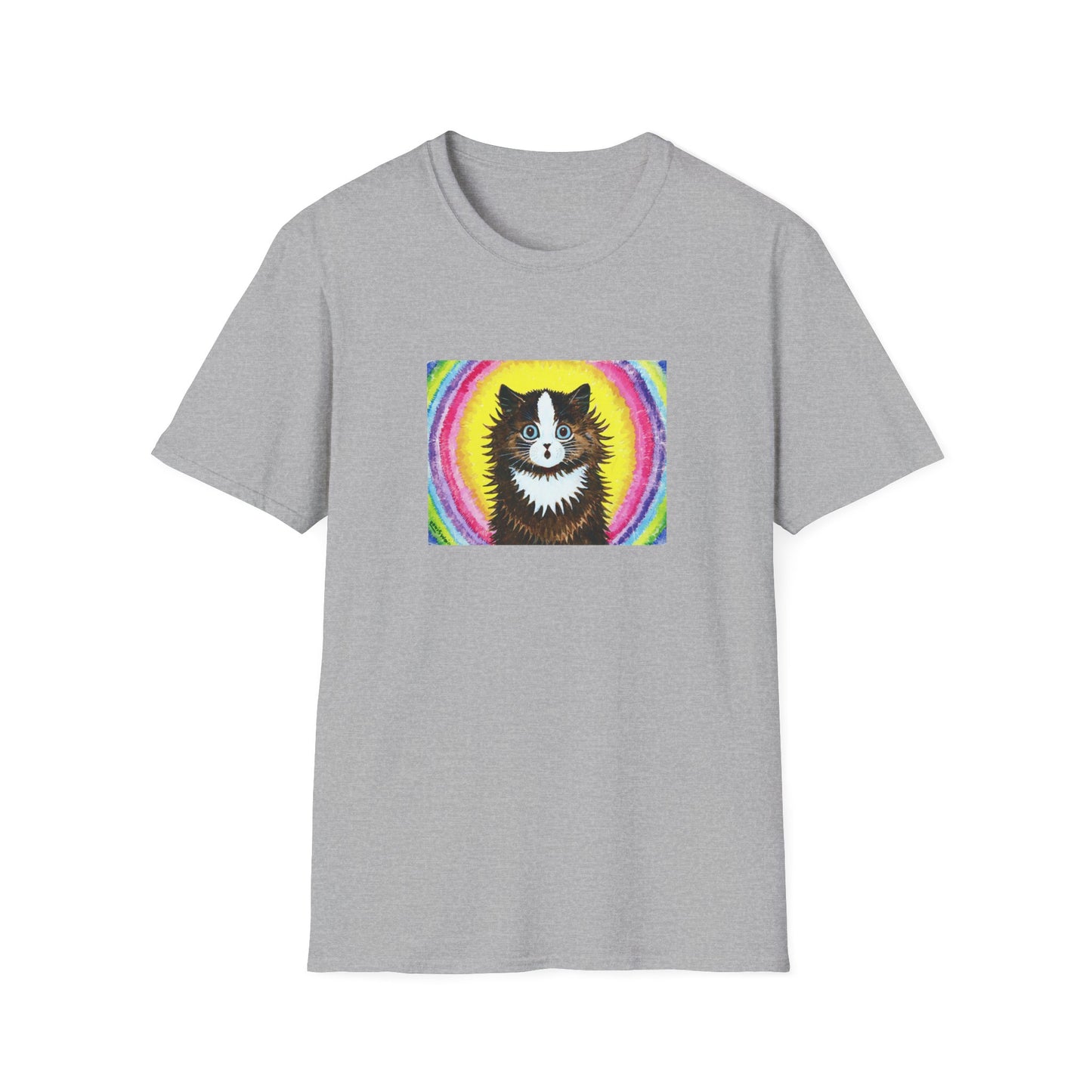 louis wain cat in a rainbow watercolour and gouache on paper reproduction tshirt