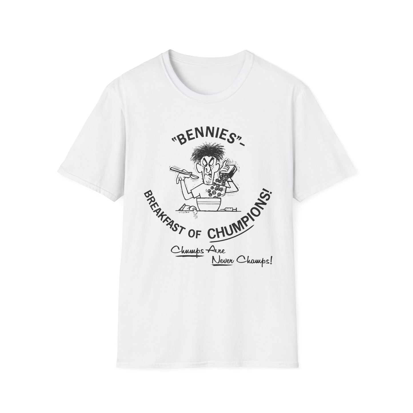 1960s/70s anti-drug poster tshirt "bennies - breakfast of chumpions! chumps are never champs!" by smartset smarteen s.o.s tshirt