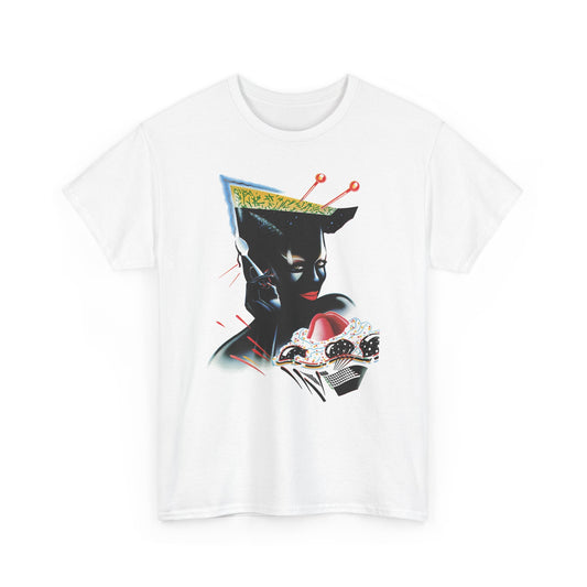 1980s airbrush alien with spoon art by french mystery artist zappy tshirt