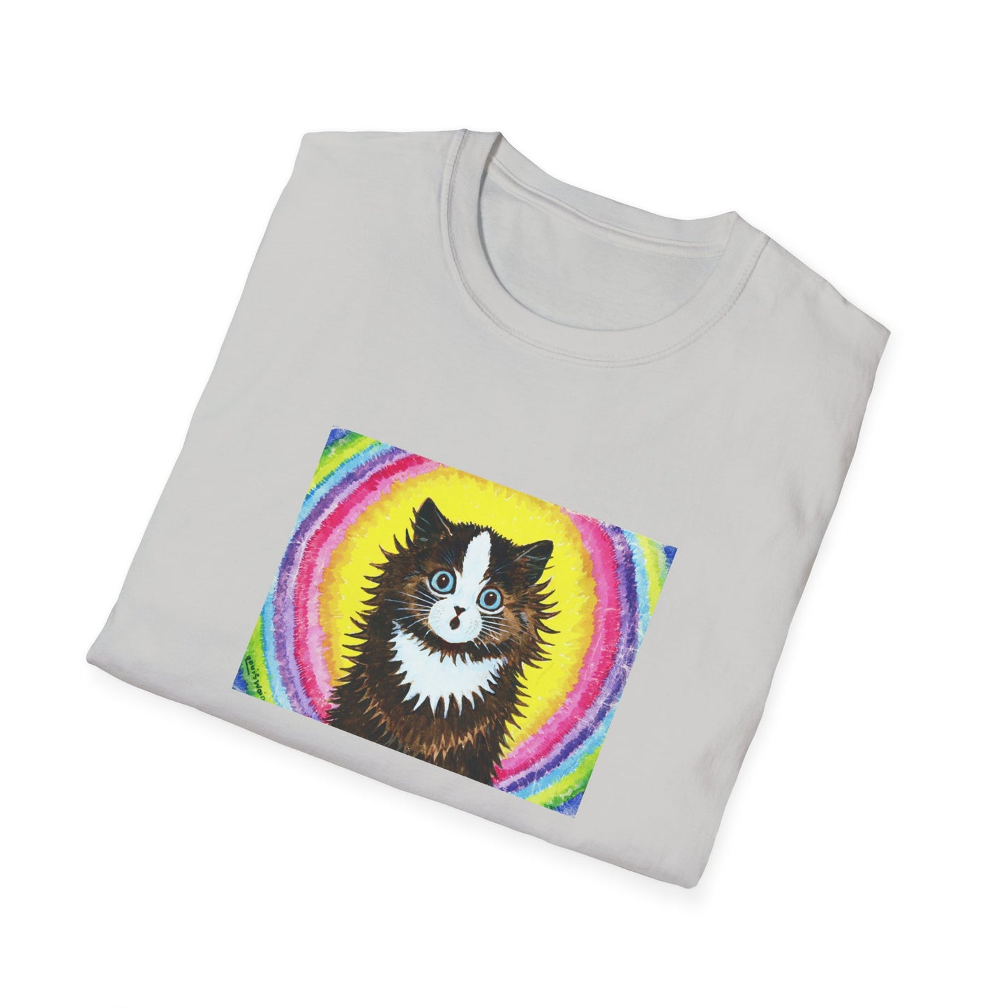 louis wain cat in a rainbow watercolour and gouache on paper reproduction tshirt