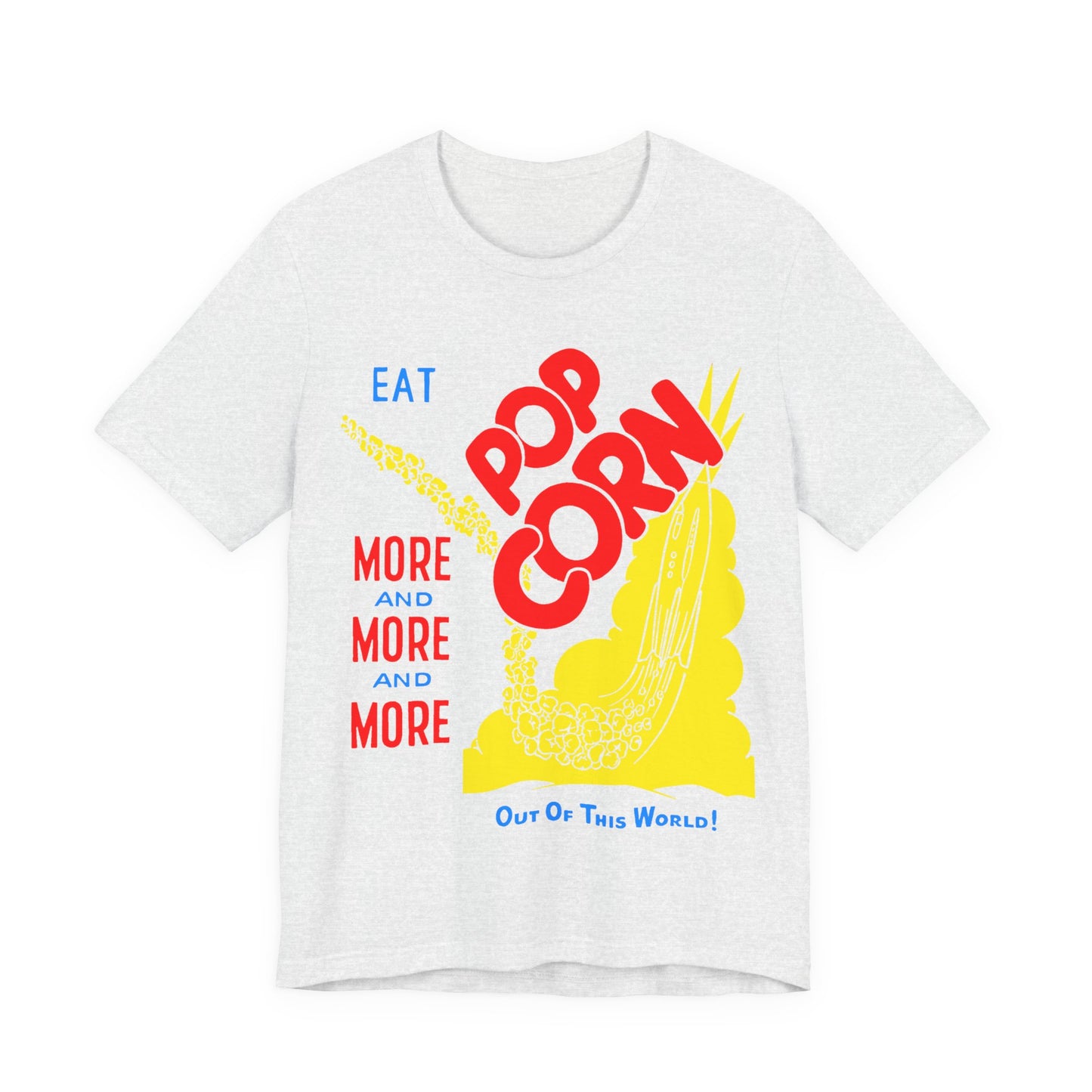 1950s coloured popcorn box logo "eat popcorn more and more and more out of this world!" on a new unisex softstyle tshirt