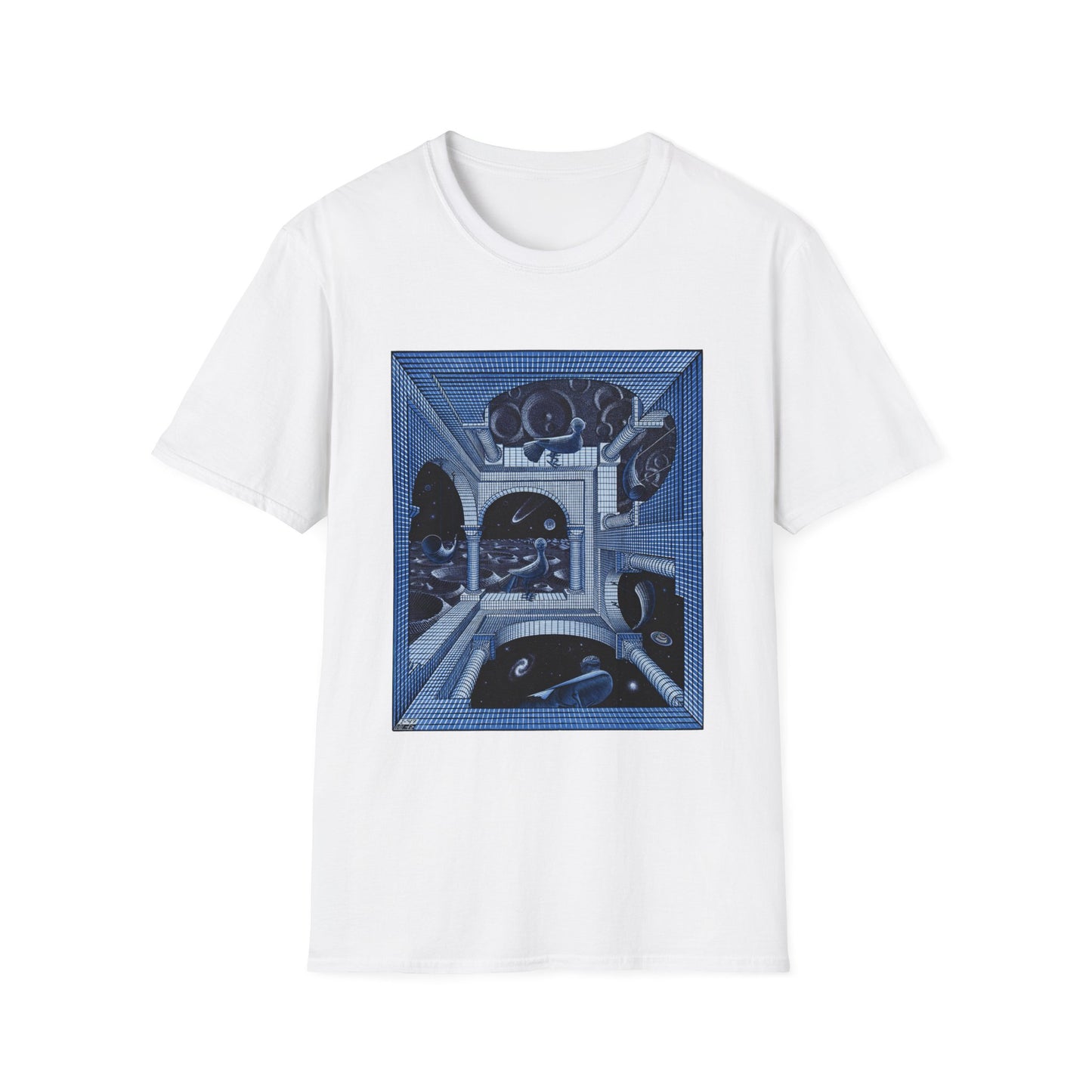 1947 m.c escher another world in blue tshirt