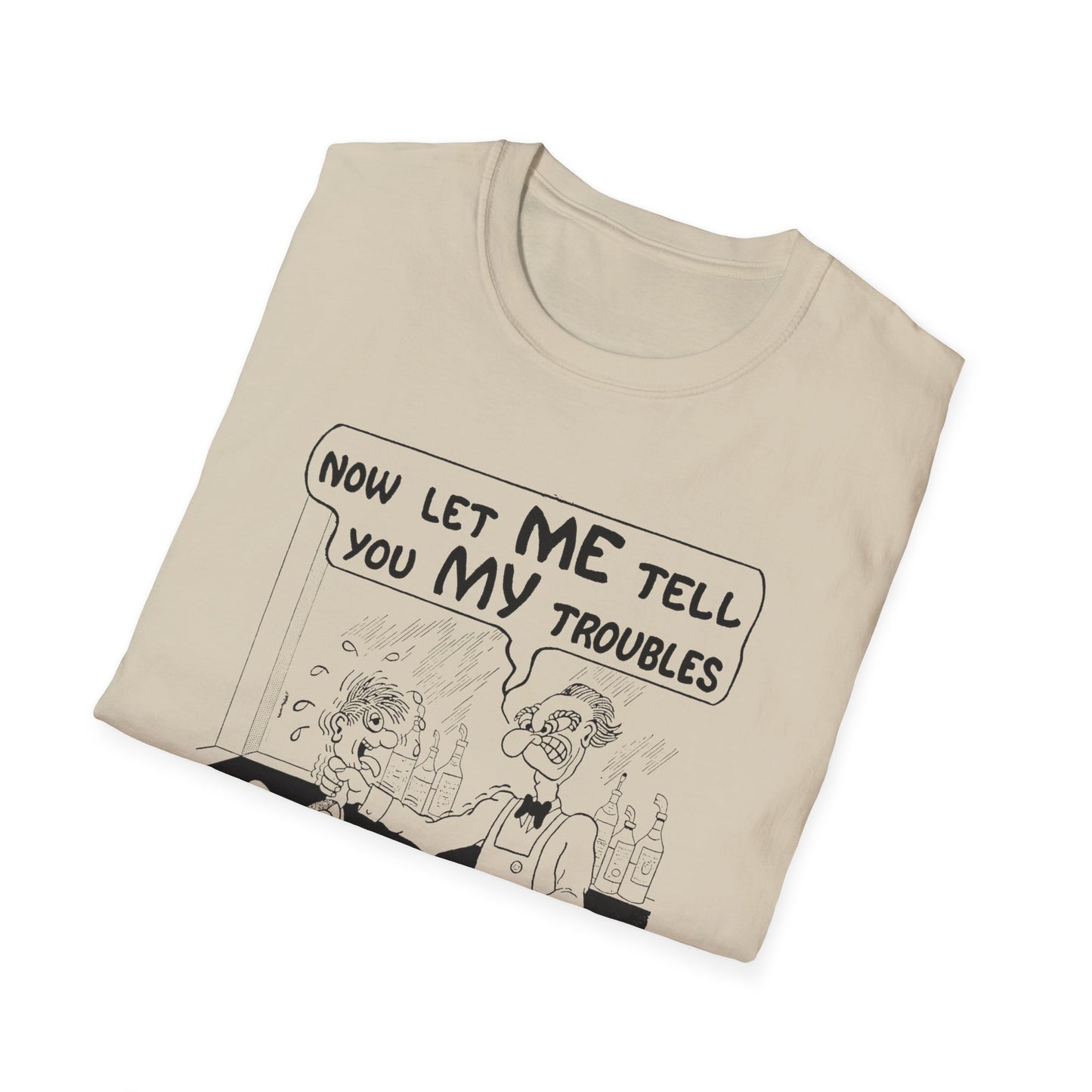 vintage postcard comic now let me tell you my troubles bartender tshirt