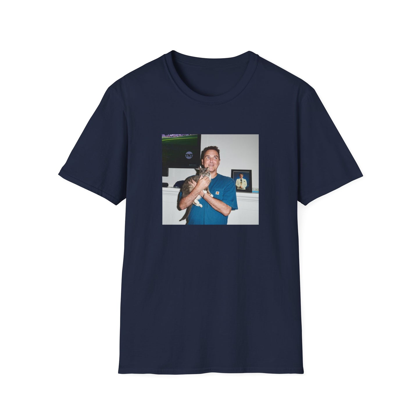 norm macdonald and his cat in front of a framed picture of steve martin close up tshirt