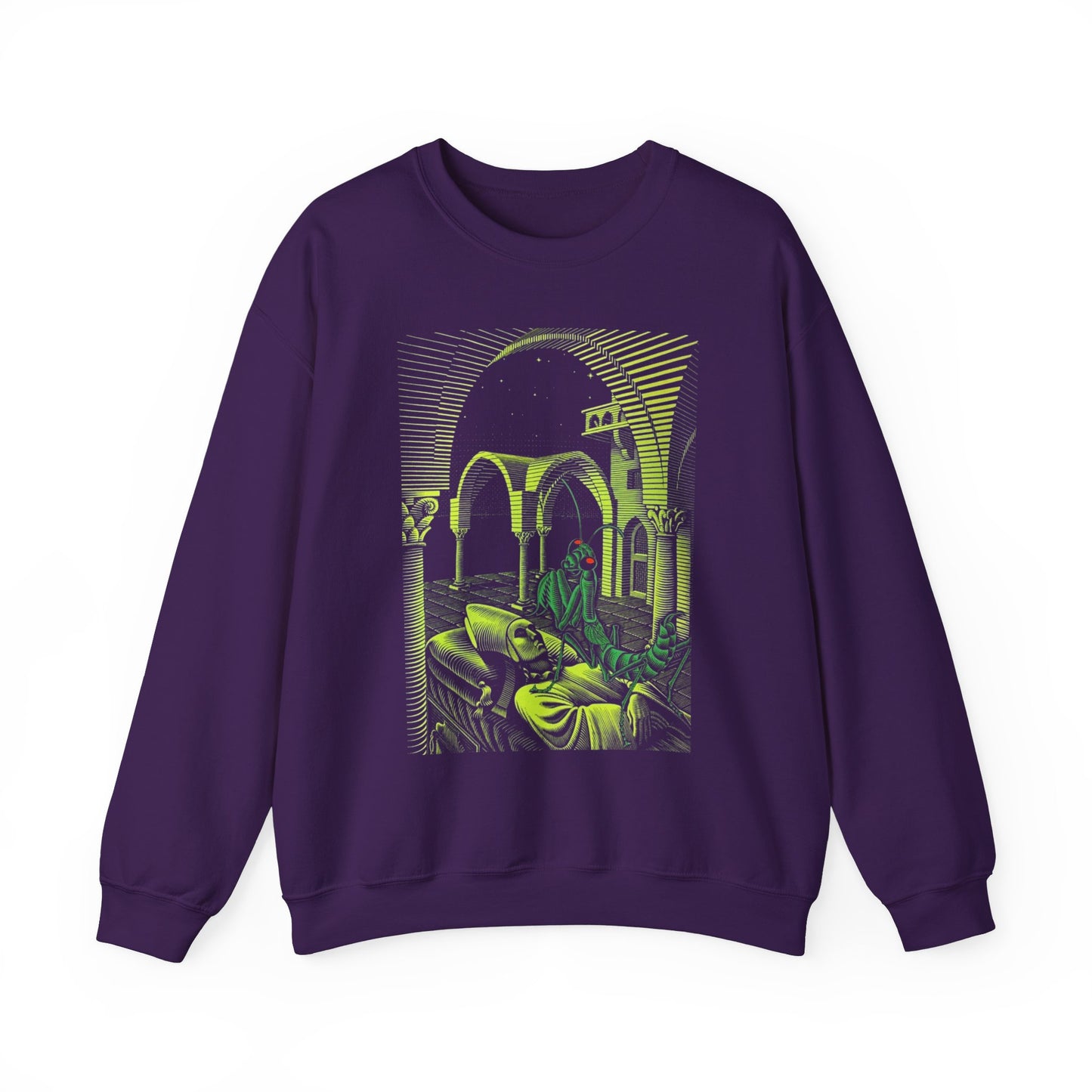 m.c escher dream (mantis religiosa) wood engraving (colorized) unisex heavy blend crewneck sweatshirt