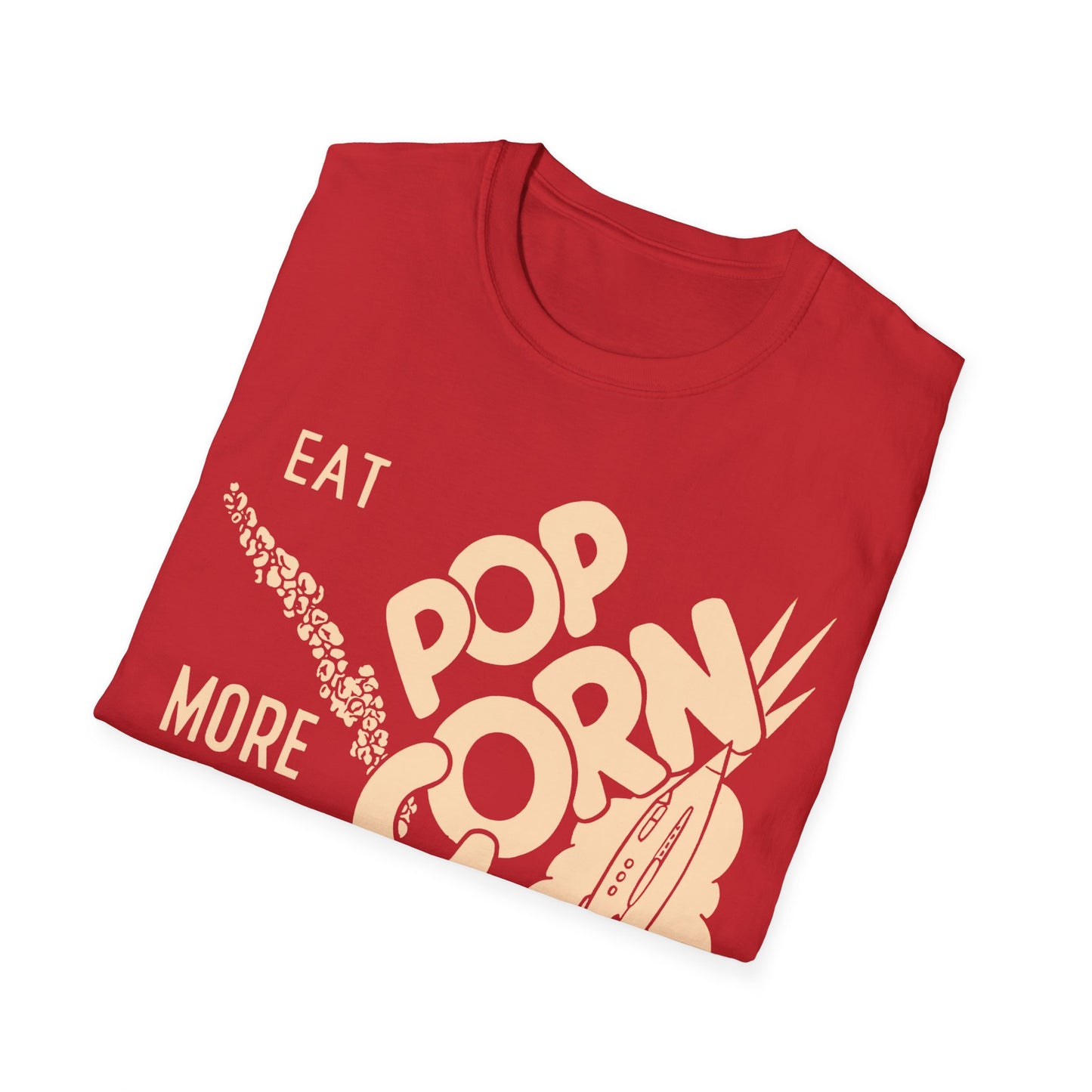 1950s popcorn box logo "eat popcorn more and more and more out of this world!" tshirt