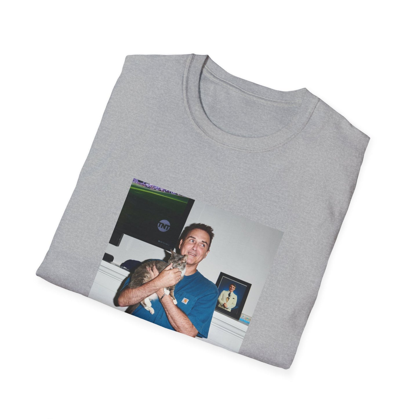 norm macdonald and his cat in front of a framed picture of steve martin close up tshirt