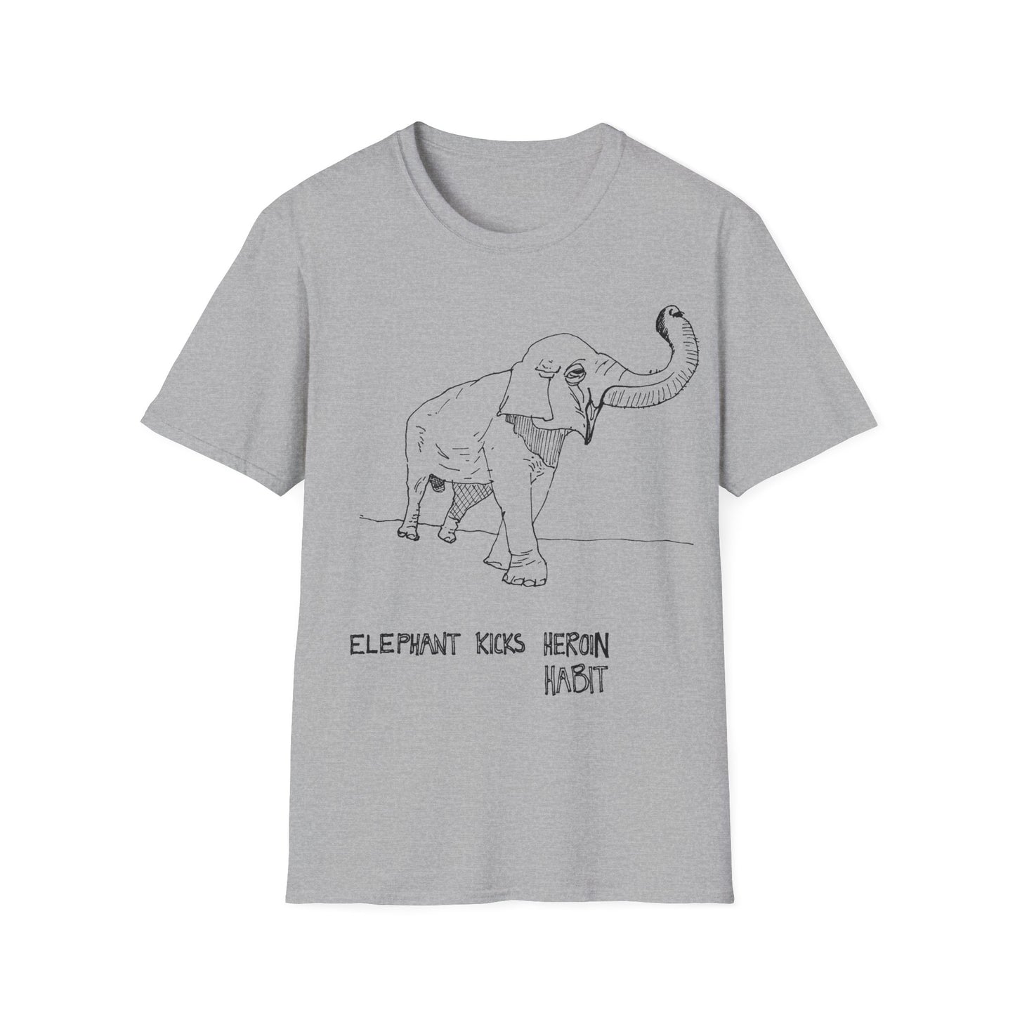 elephant kicks heroin habit original drawing tshirt. reference to xiguang the elephant
