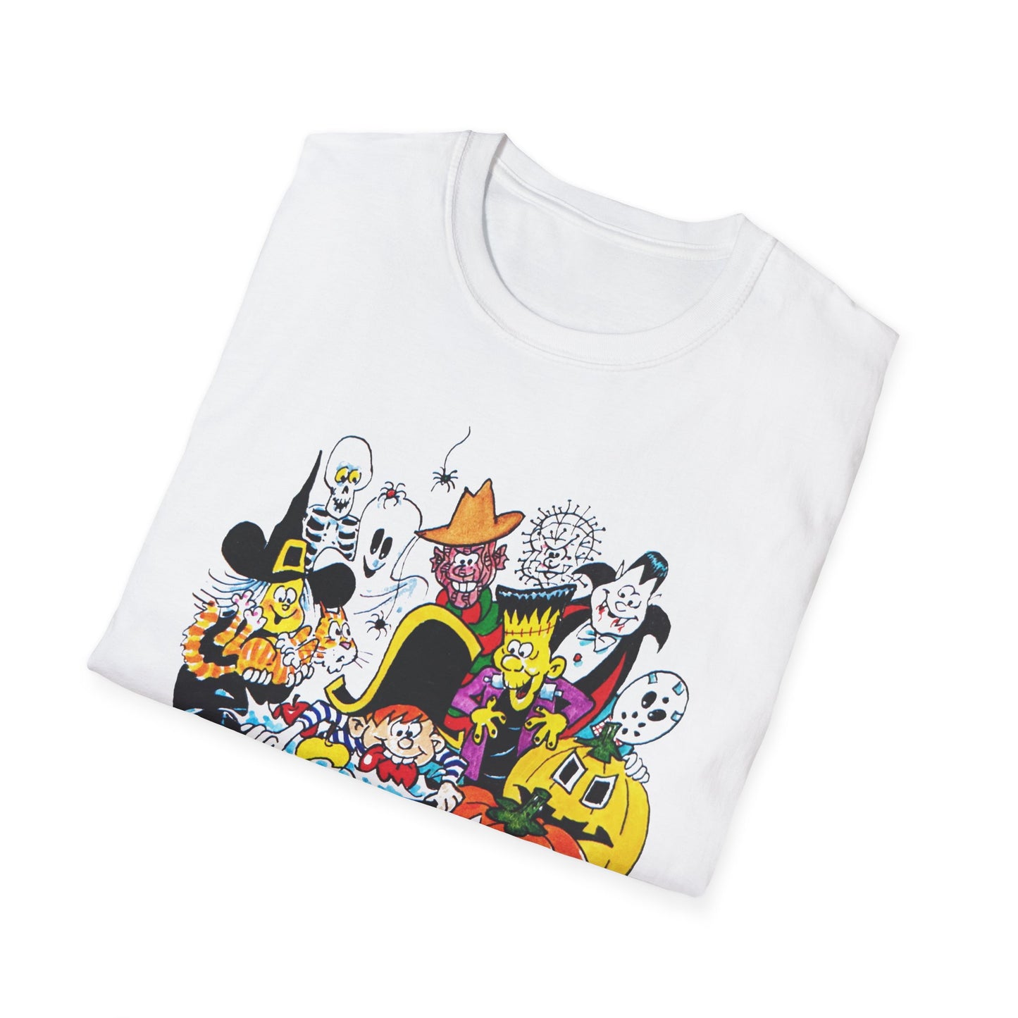 adorable cartoon witches, skeletons, jasons, freddys, and pumpkins halloween tshirt