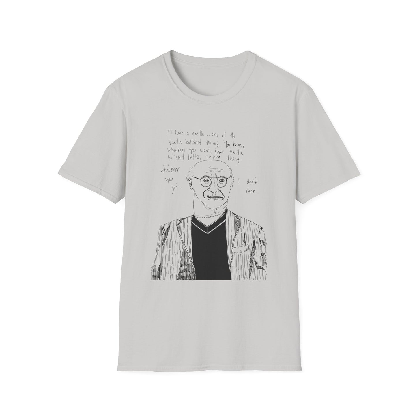 original drawing larry david ordering a vanilla latte bullshit thing on a tshirt
