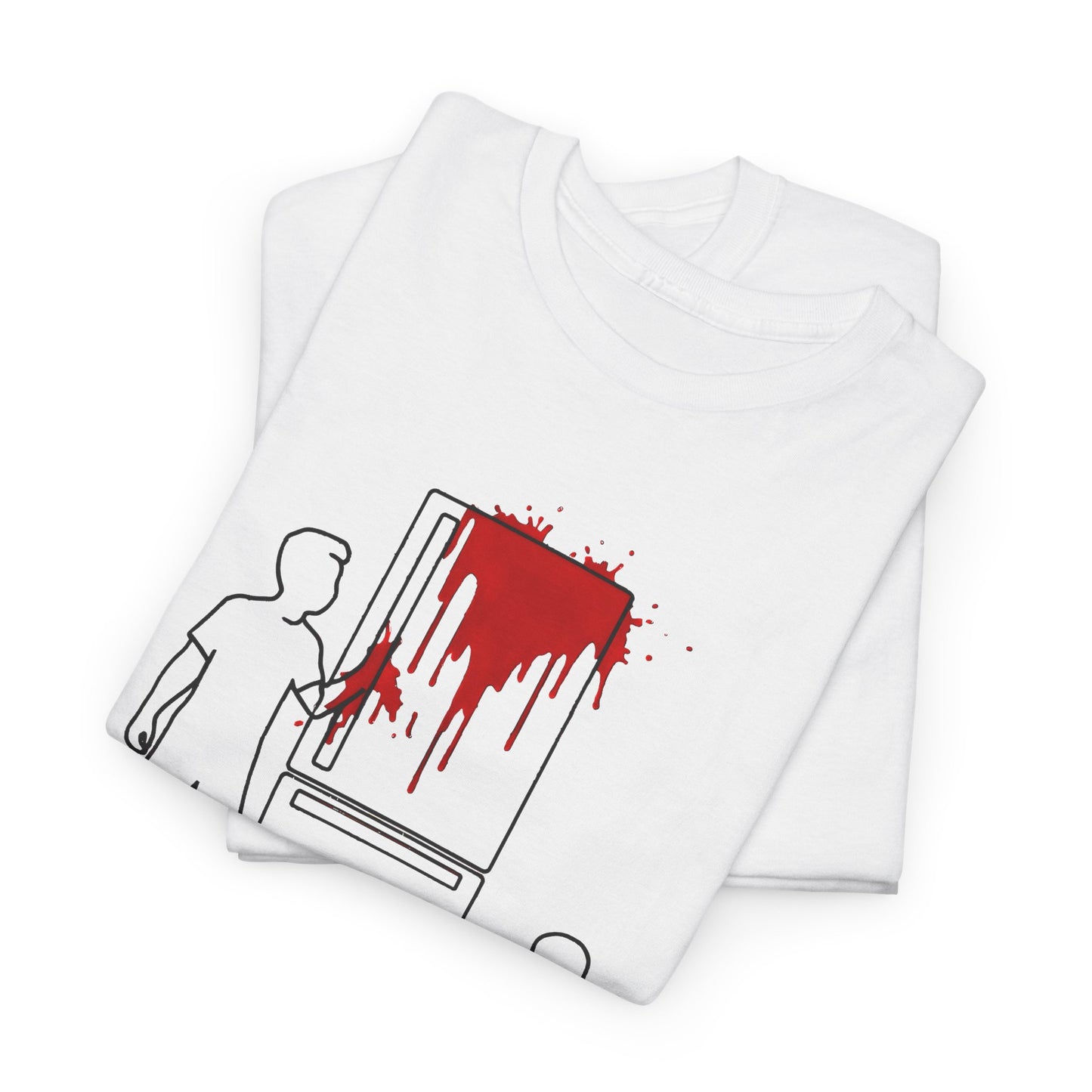 weird kitchen scene with ketchup on a fridge tshirt