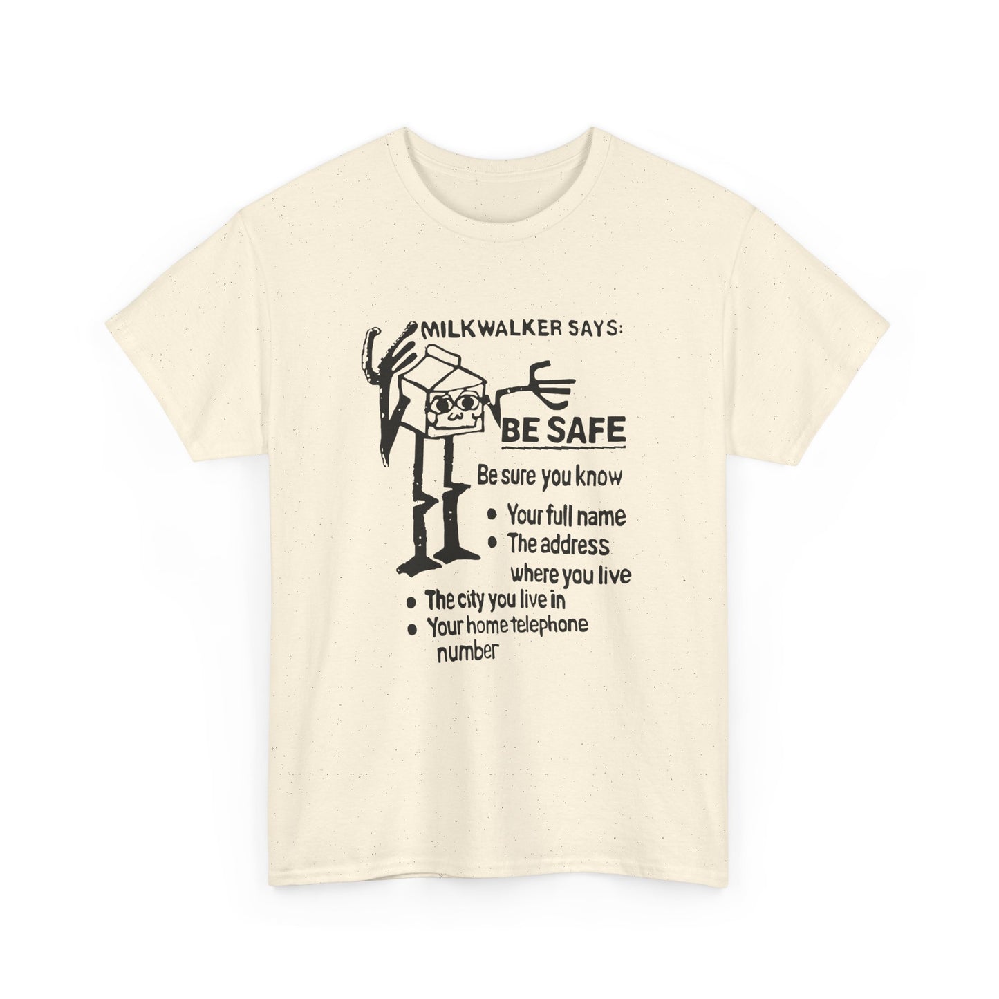 mid 80s darigold anthropomorphic milk carton safety message reproduction in black tshirt