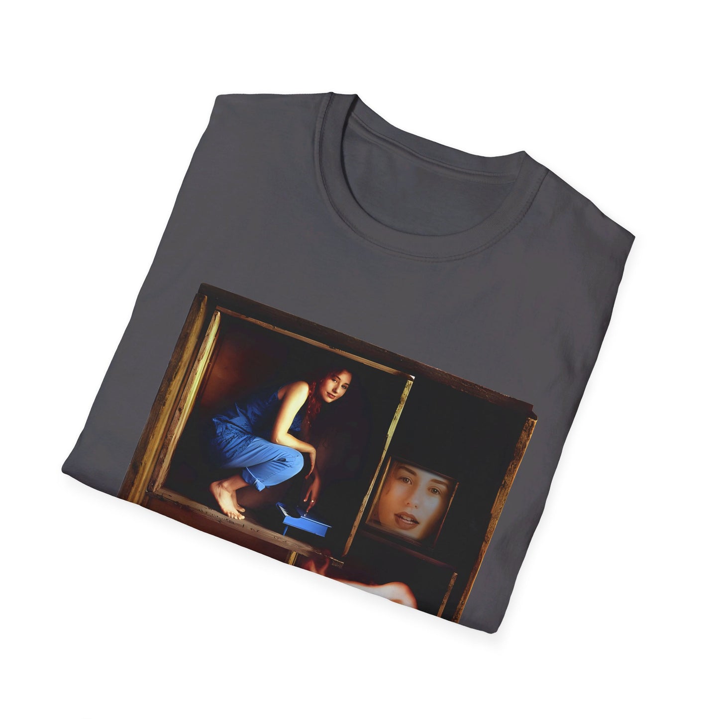 tori amos on a shelf in a crate playing a small piano surrounded by other amos's on a tshirt