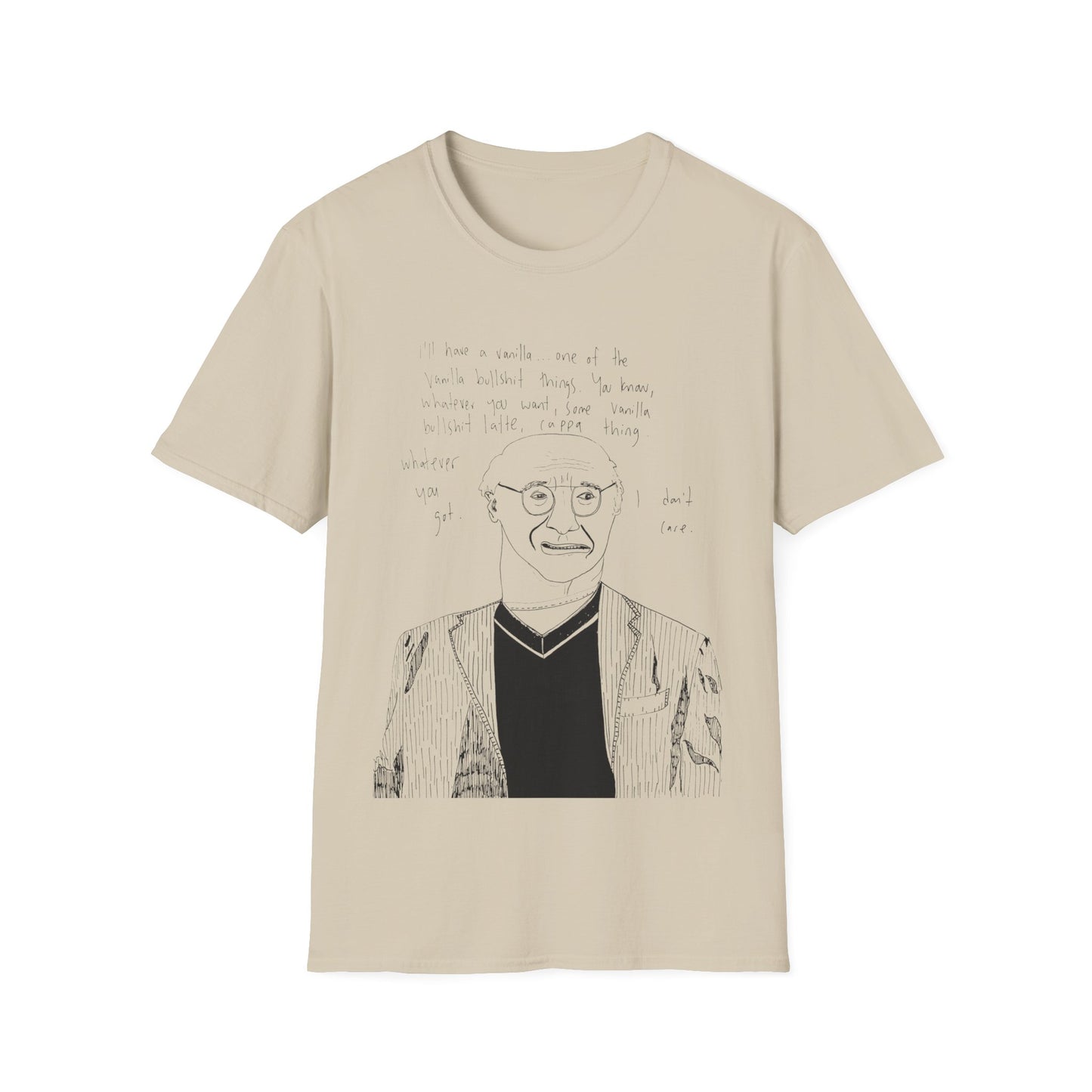 original drawing larry david ordering a vanilla latte bullshit thing on a tshirt