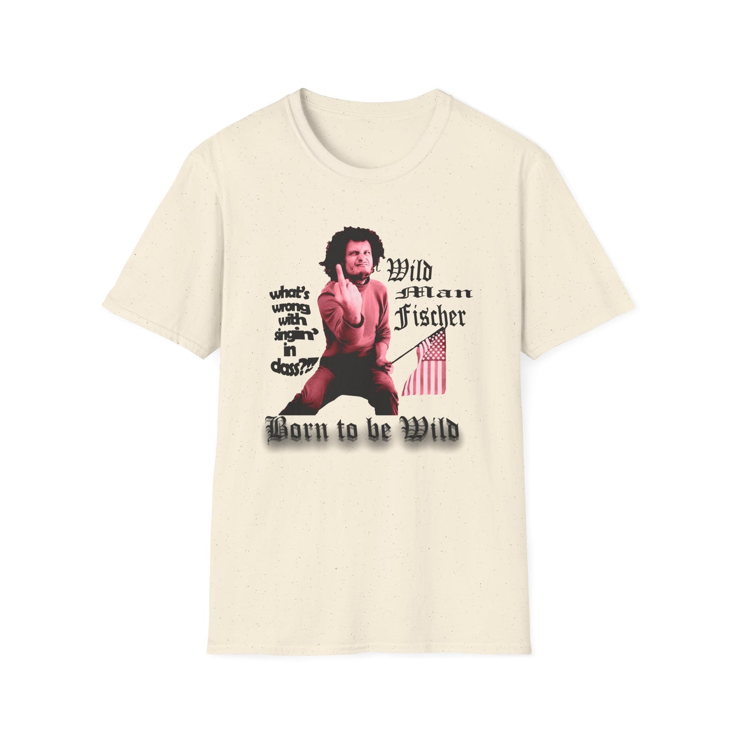 wild man fischer middle finger in red tshirt