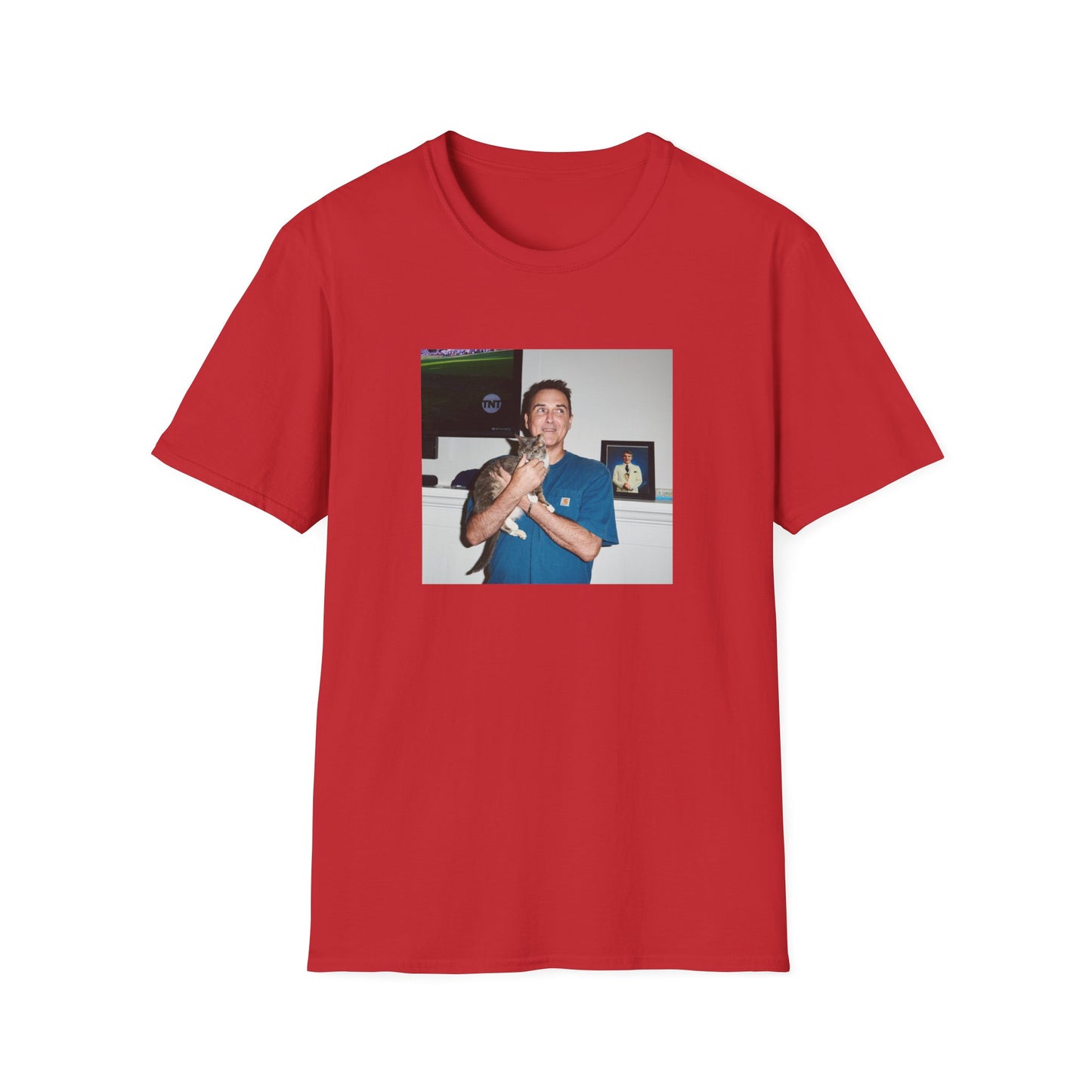 norm macdonald and his cat in front of a framed picture of steve martin close up tshirt