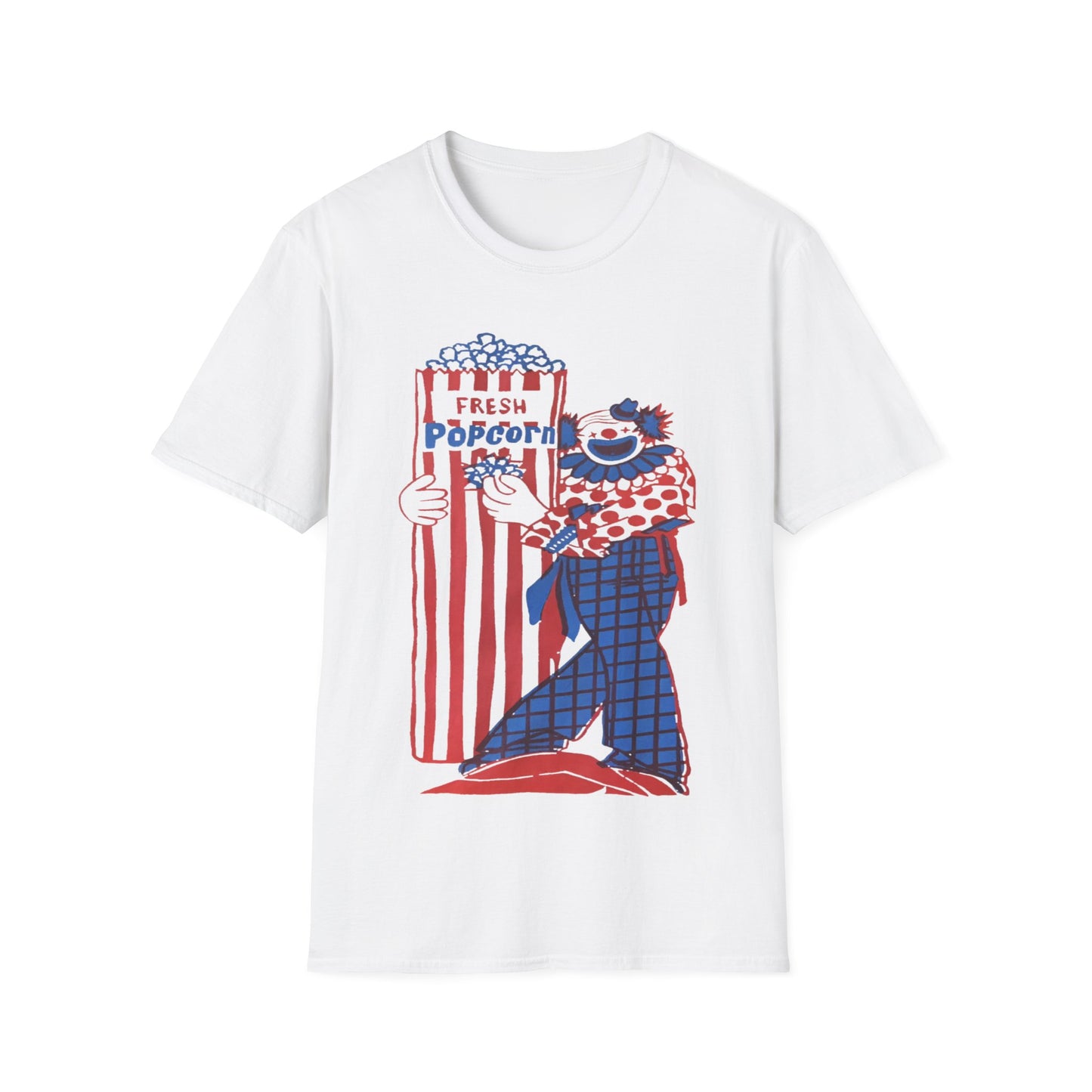 1960s popcorn box logo with a clown mascot tshirt