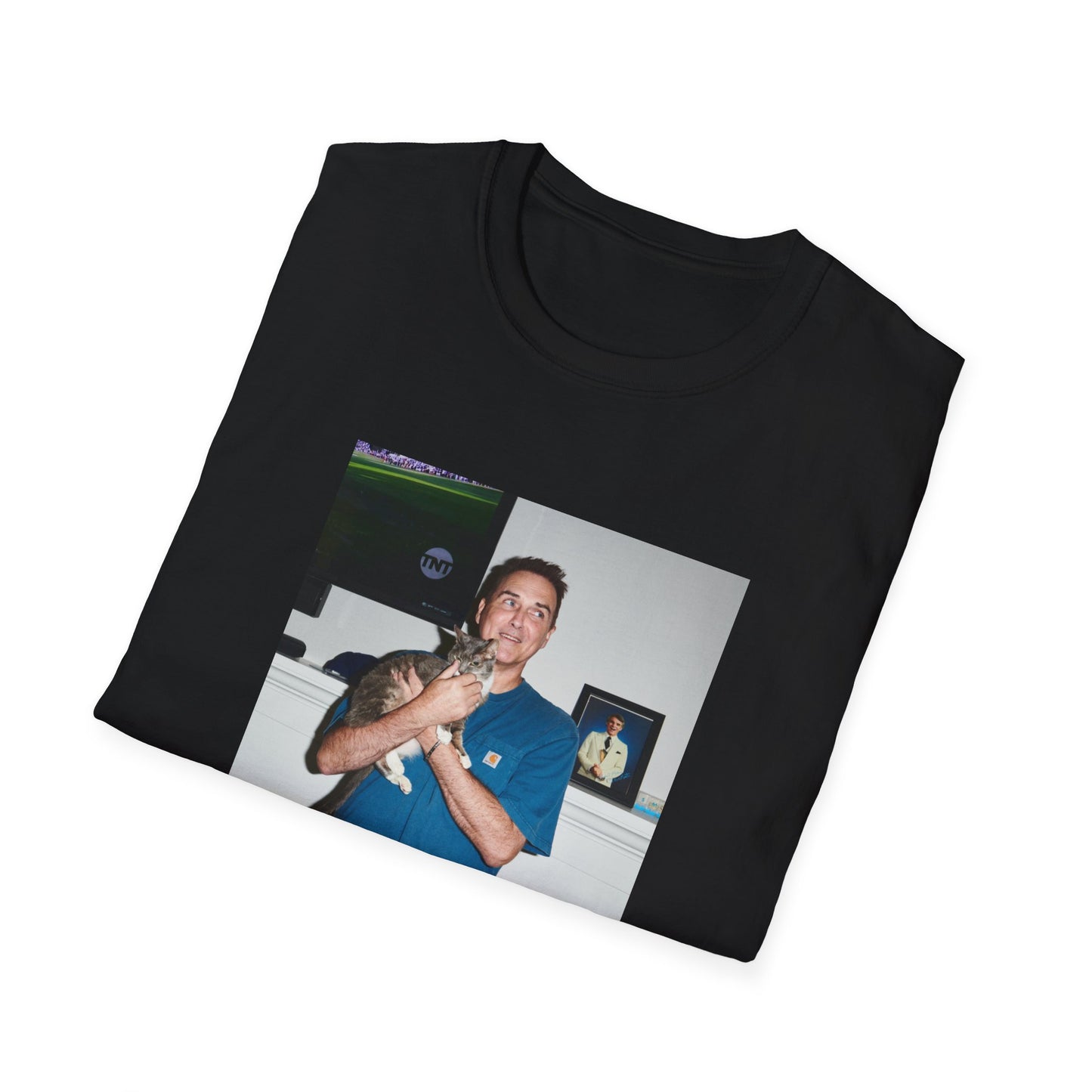 norm macdonald and his cat in front of a framed picture of steve martin close up tshirt