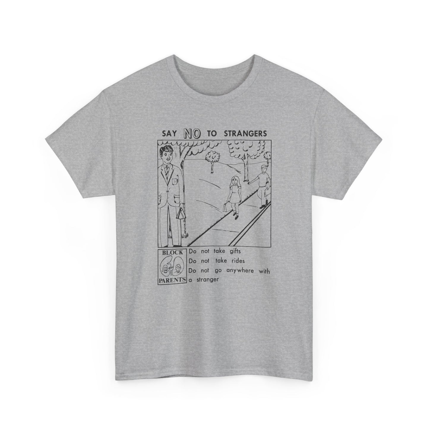 vintage block parents graphic say no to strangers reproduction tshirt