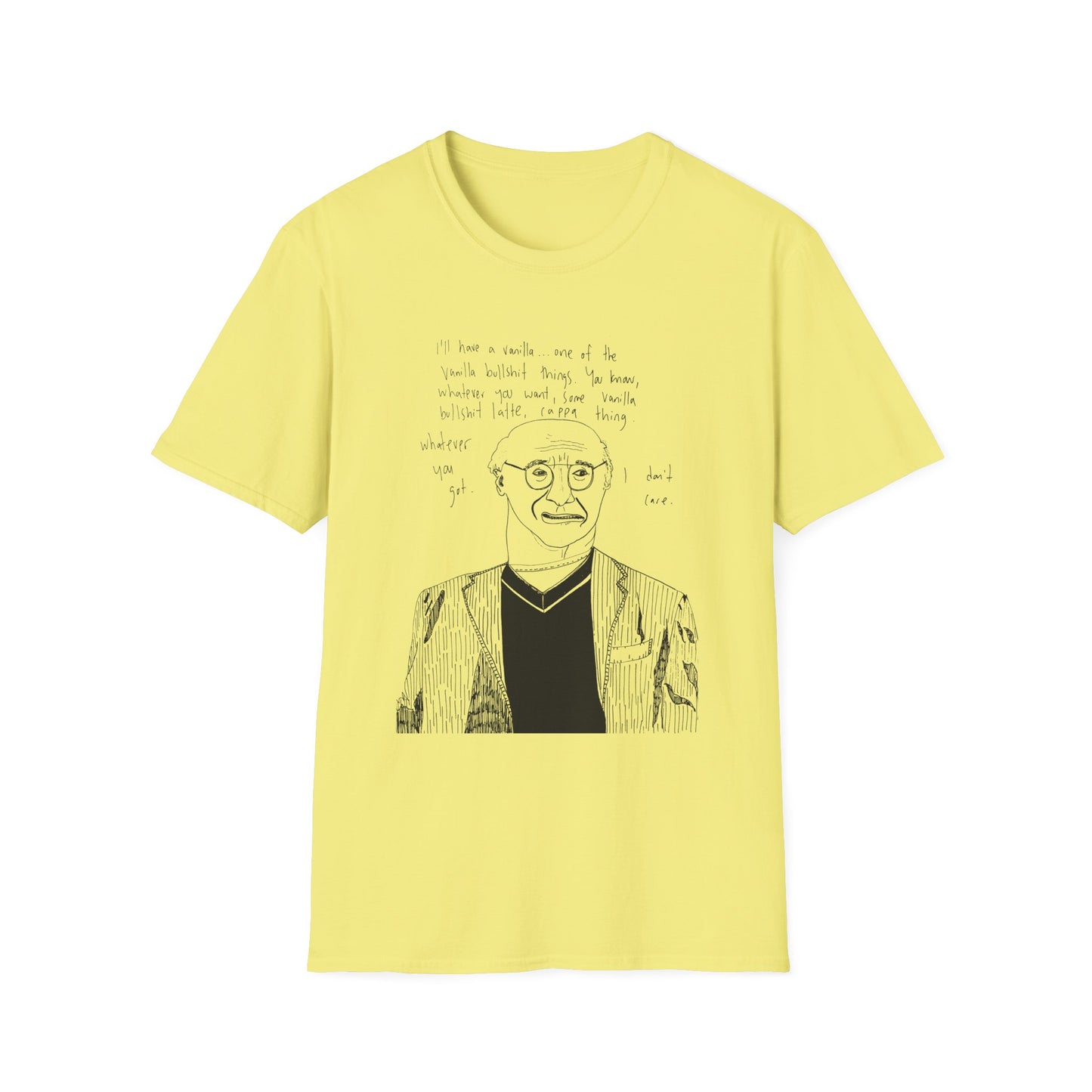 original drawing larry david ordering a vanilla latte bullshit thing on a tshirt