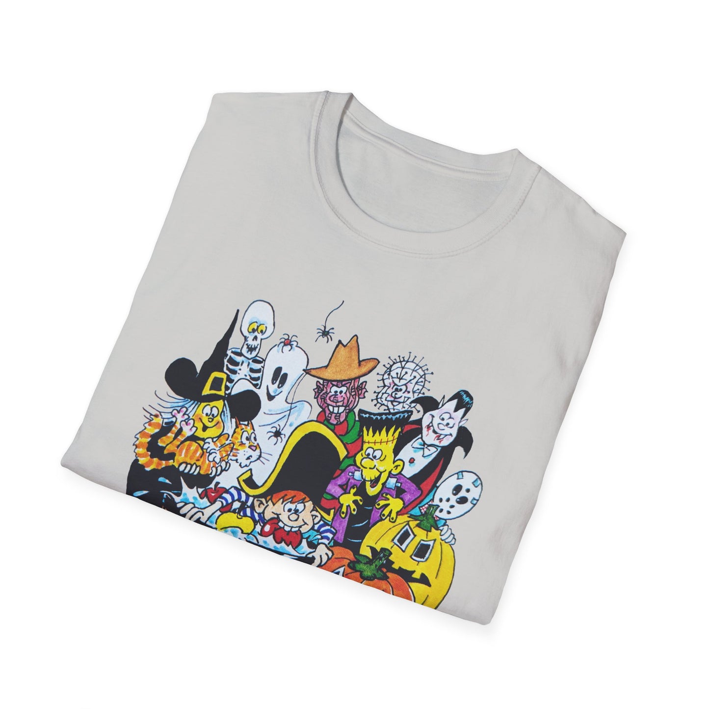 adorable cartoon witches, skeletons, jasons, freddys, and pumpkins halloween tshirt