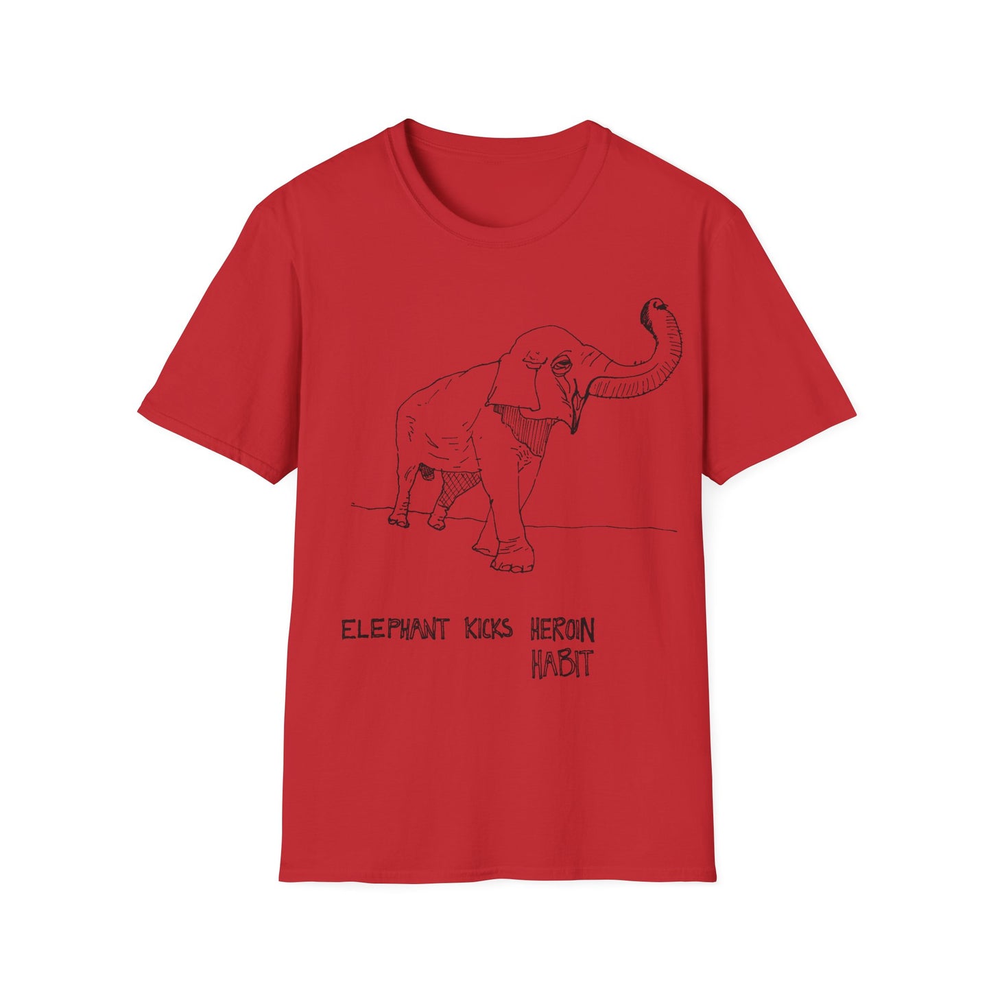 elephant kicks heroin habit original drawing tshirt. reference to xiguang the elephant