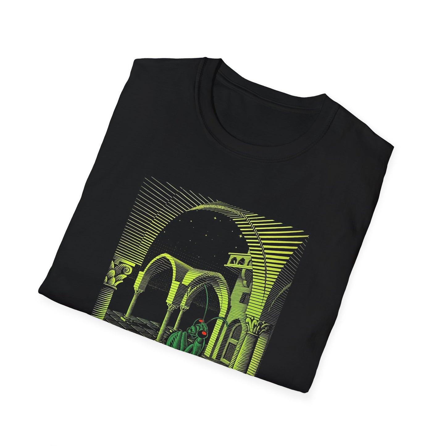 m.c escher dream (mantis religiosa) wood engraving (colorized) tshirt