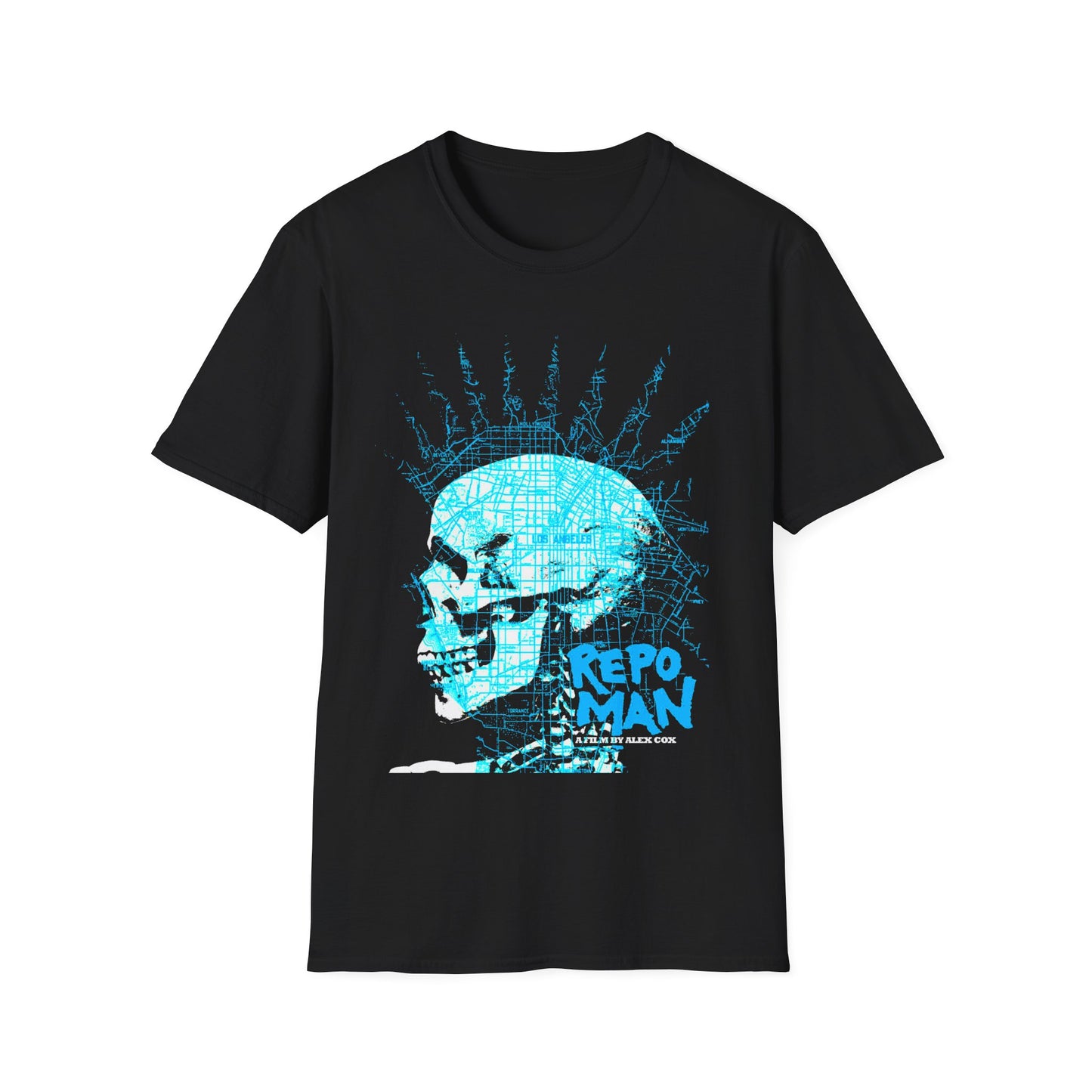 repo man skull punk in blue tshirt